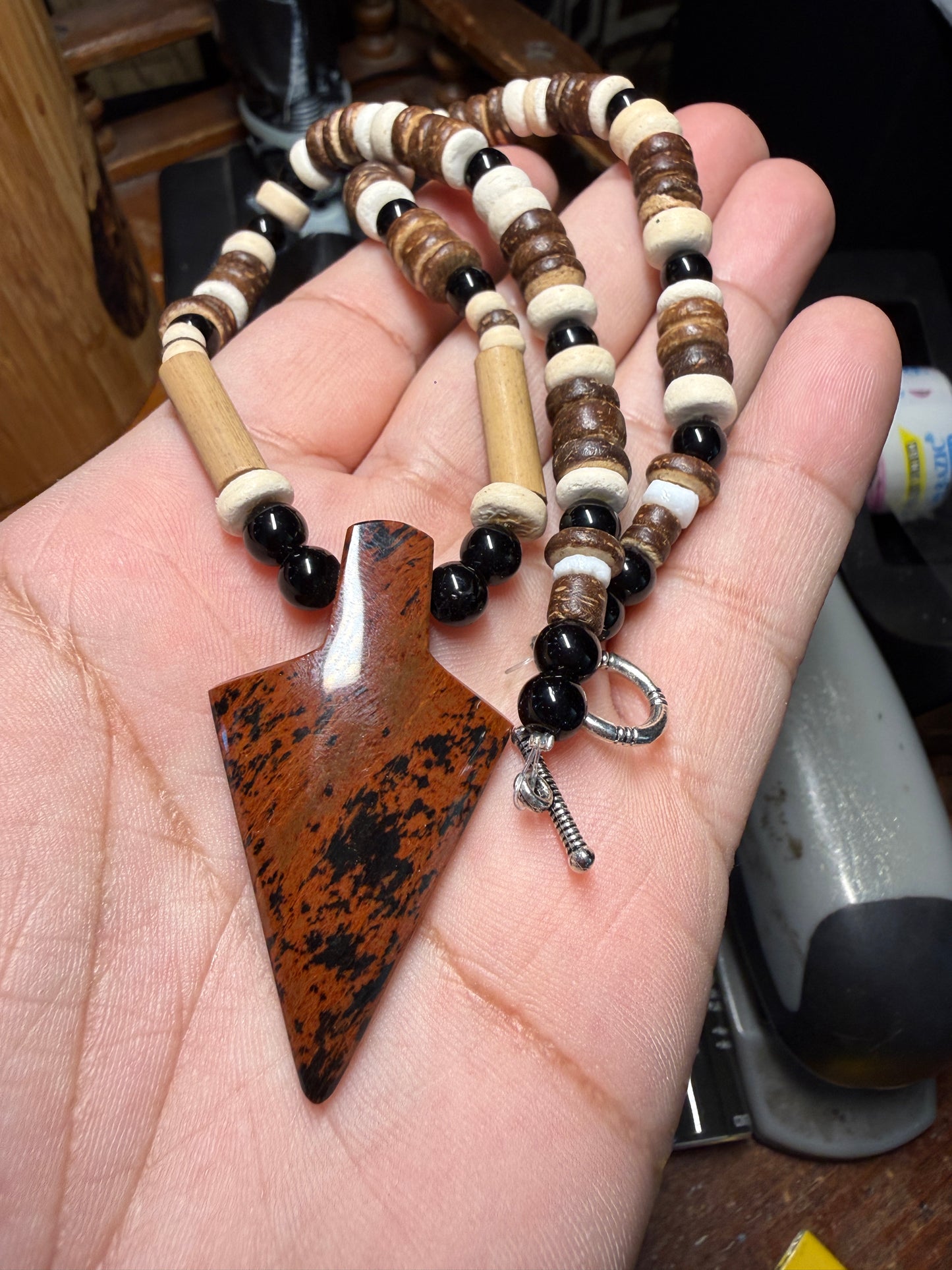 Mahogany Obsidian Arrowhead Pendant beaded necklace, Mexican, Aztec, Mexico, #38
