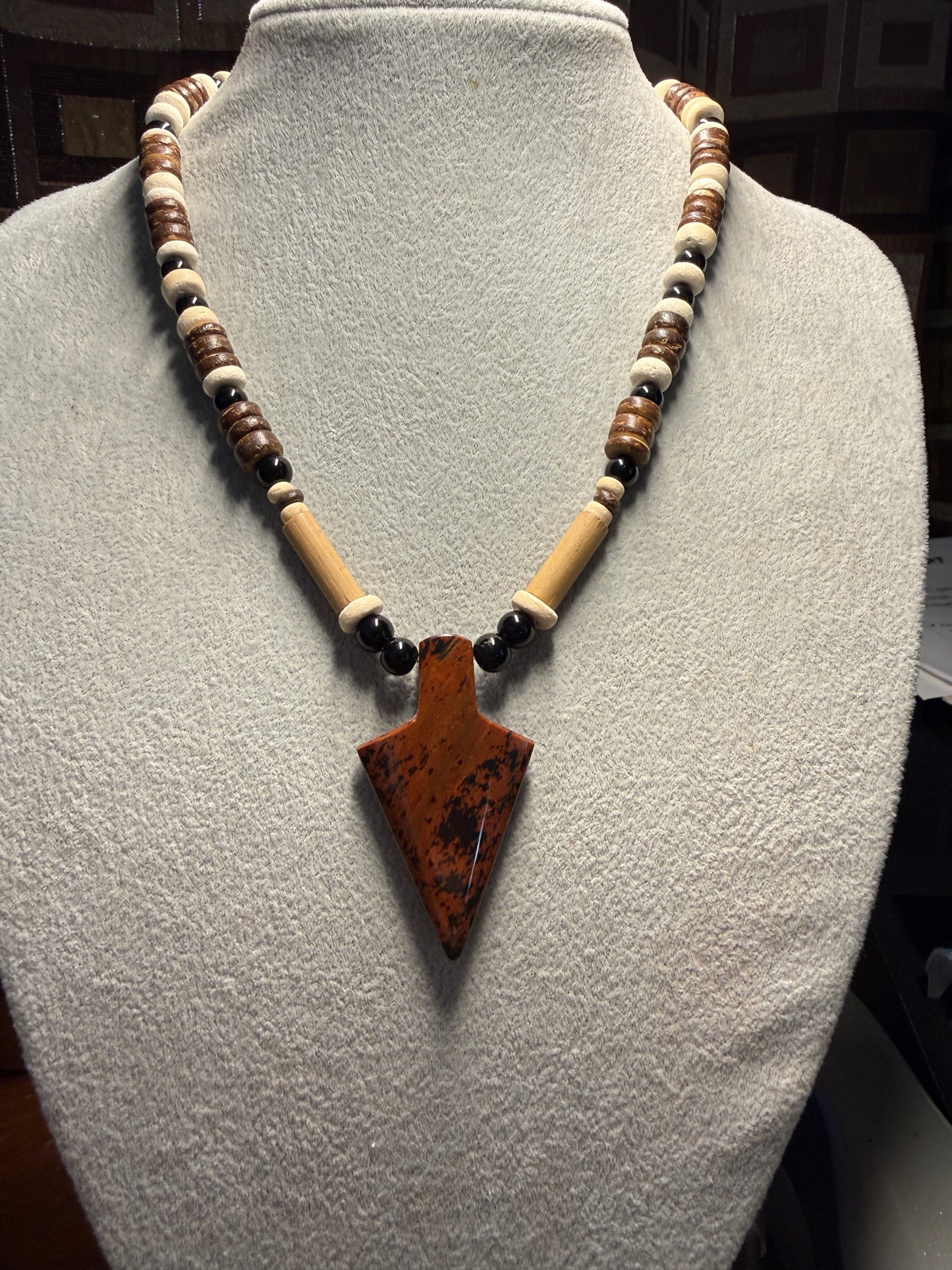Mahogany Obsidian Arrowhead Pendant beaded necklace, Mexican, Aztec, Mexico, #38