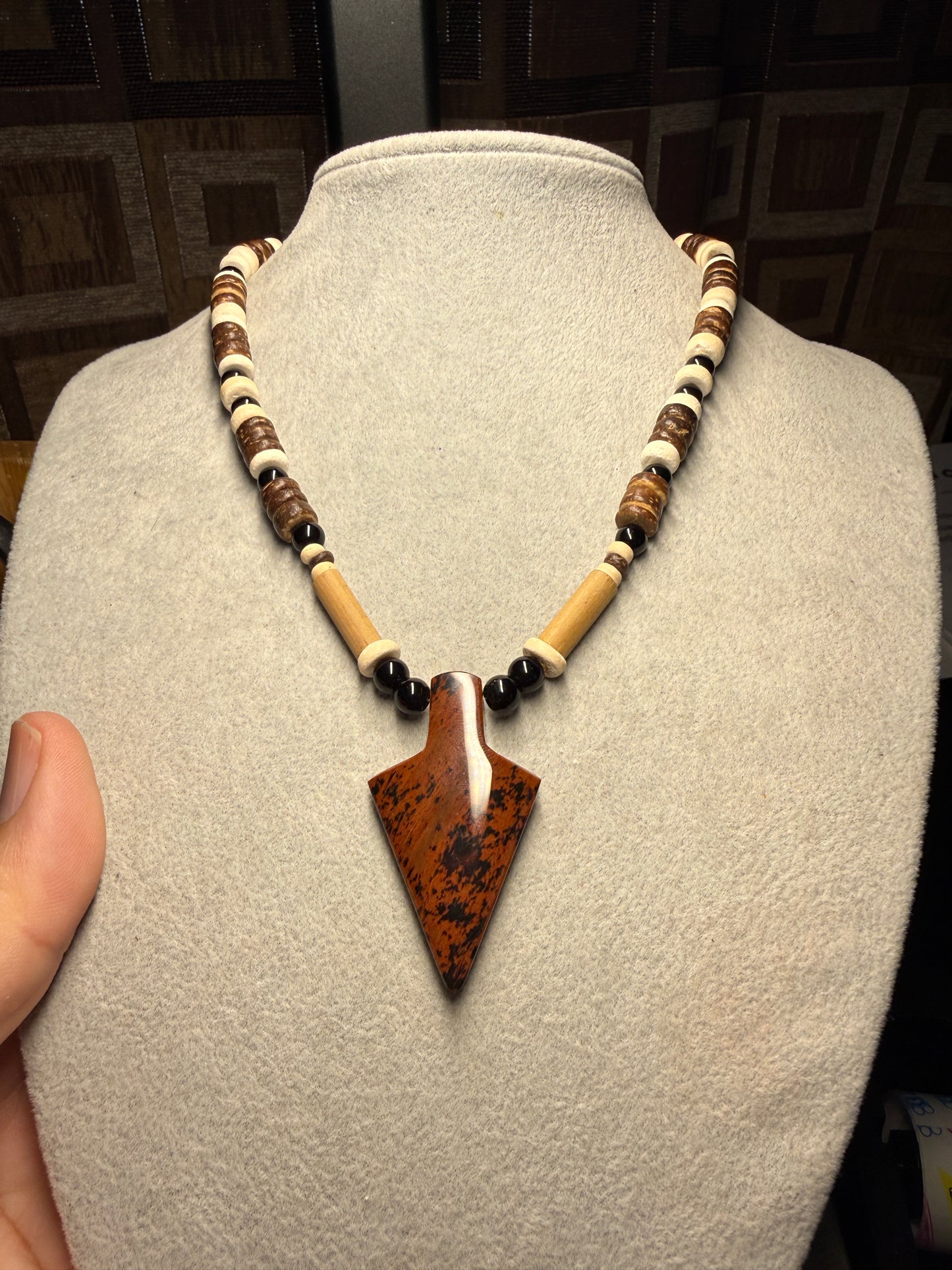 Mahogany Obsidian Arrowhead Pendant beaded necklace, Mexican, Aztec, Mexico, #38
