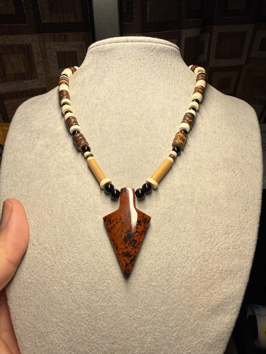 Mahogany Obsidian Arrowhead Pendant beaded necklace, Mexican, Aztec, Mexico, #38