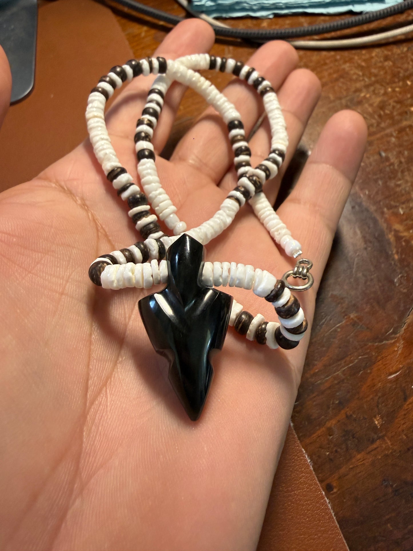 Obsidian Arrowhead Pendant Beaded Necklace, Mexican, Aztec, Mexico #38