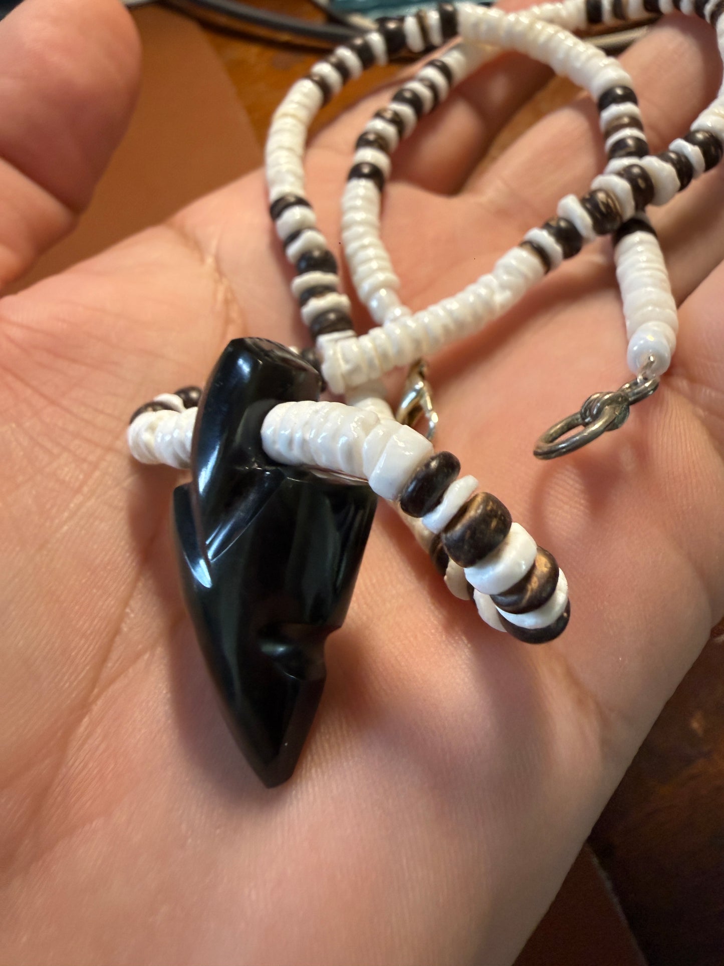Obsidian Arrowhead Pendant Beaded Necklace, Mexican, Aztec, Mexico #38