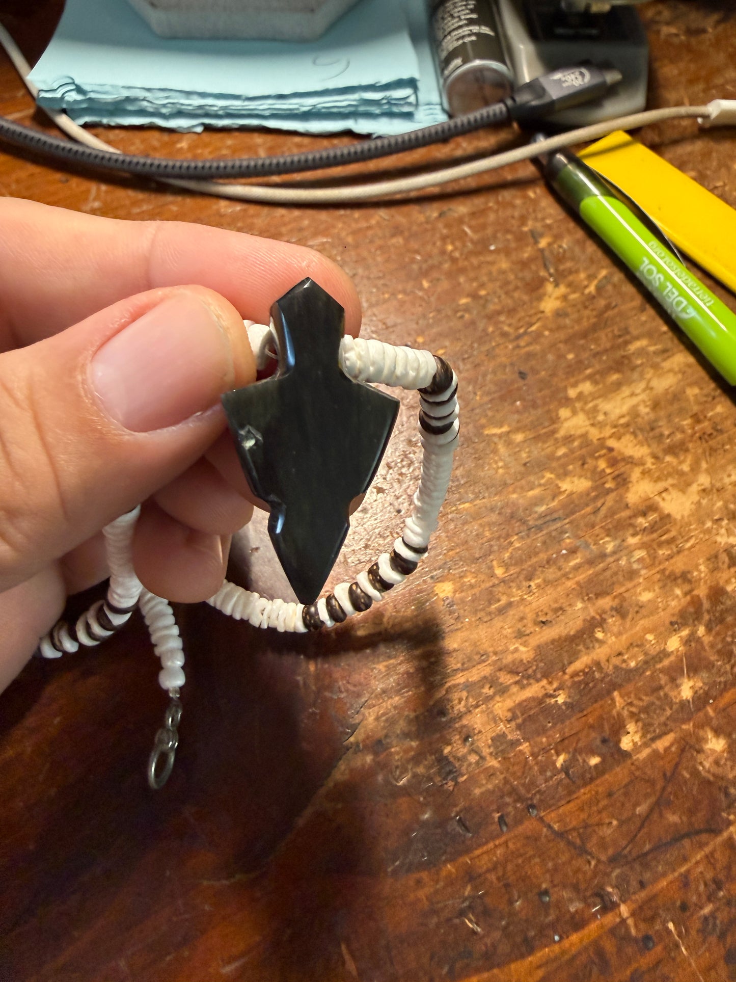 Obsidian Arrowhead Pendant Beaded Necklace, Mexican, Aztec, Mexico #38