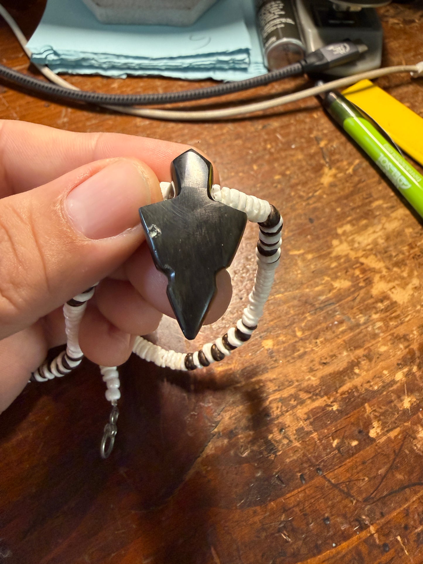 Obsidian Arrowhead Pendant Beaded Necklace, Mexican, Aztec, Mexico #38