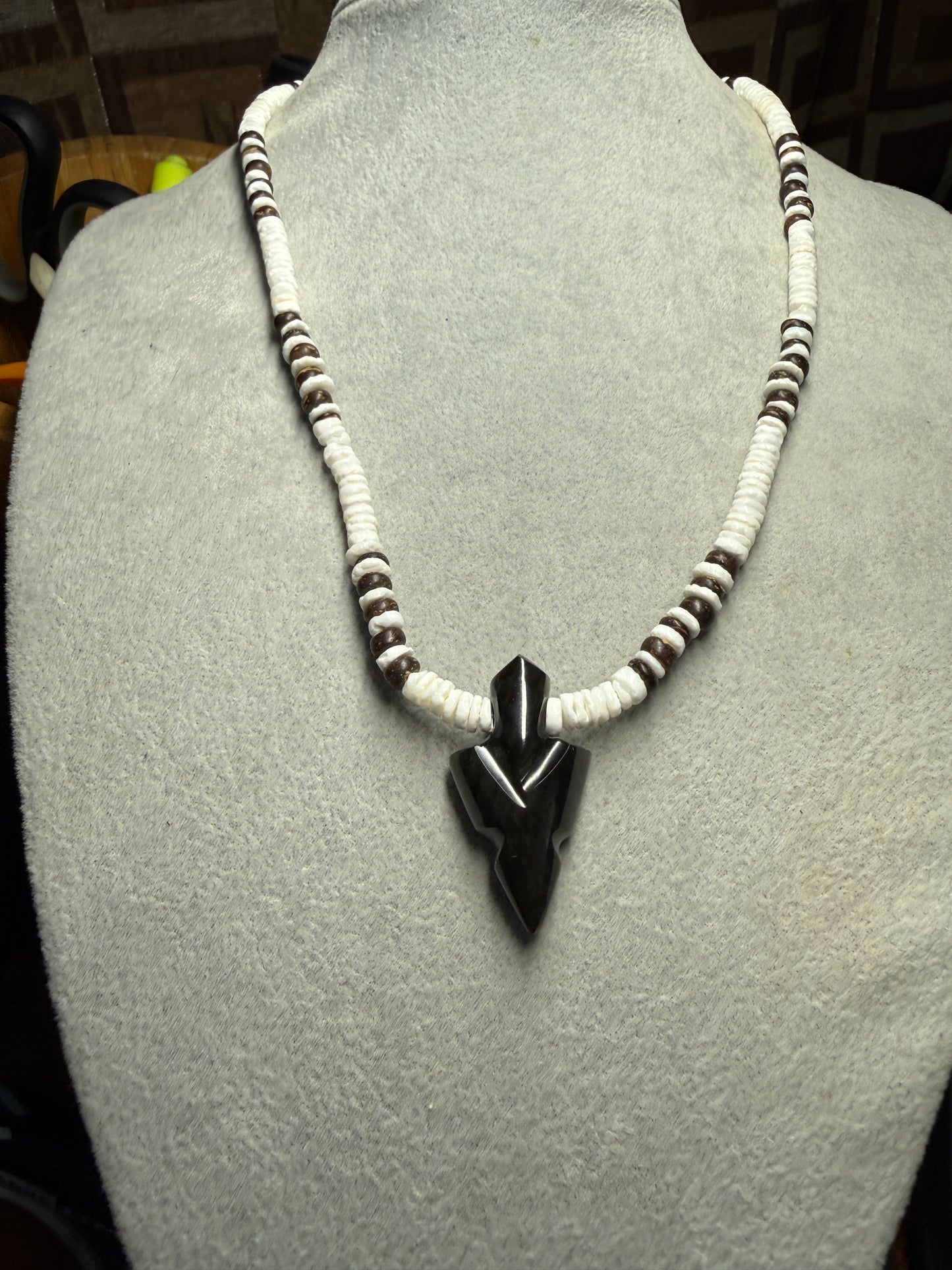 Obsidian Arrowhead Pendant Beaded Necklace, Mexican, Aztec, Mexico #38