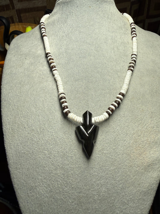 Obsidian Arrowhead Pendant Beaded Necklace, Mexican, Aztec, Mexico #38