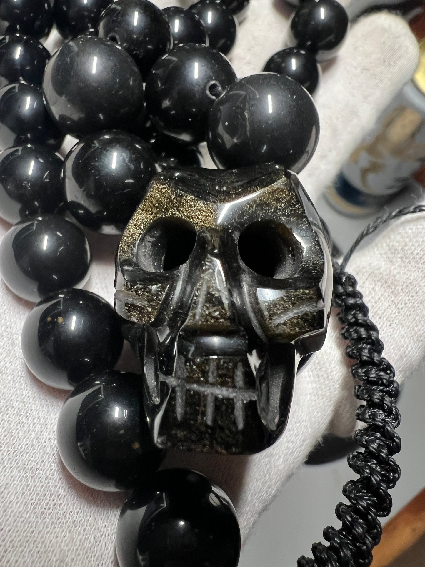 Gold Sheen Obsidian Aztec Skull Pendant Necklace, Mictlantecuitli, Lord of Underworld, Aztec (#13)