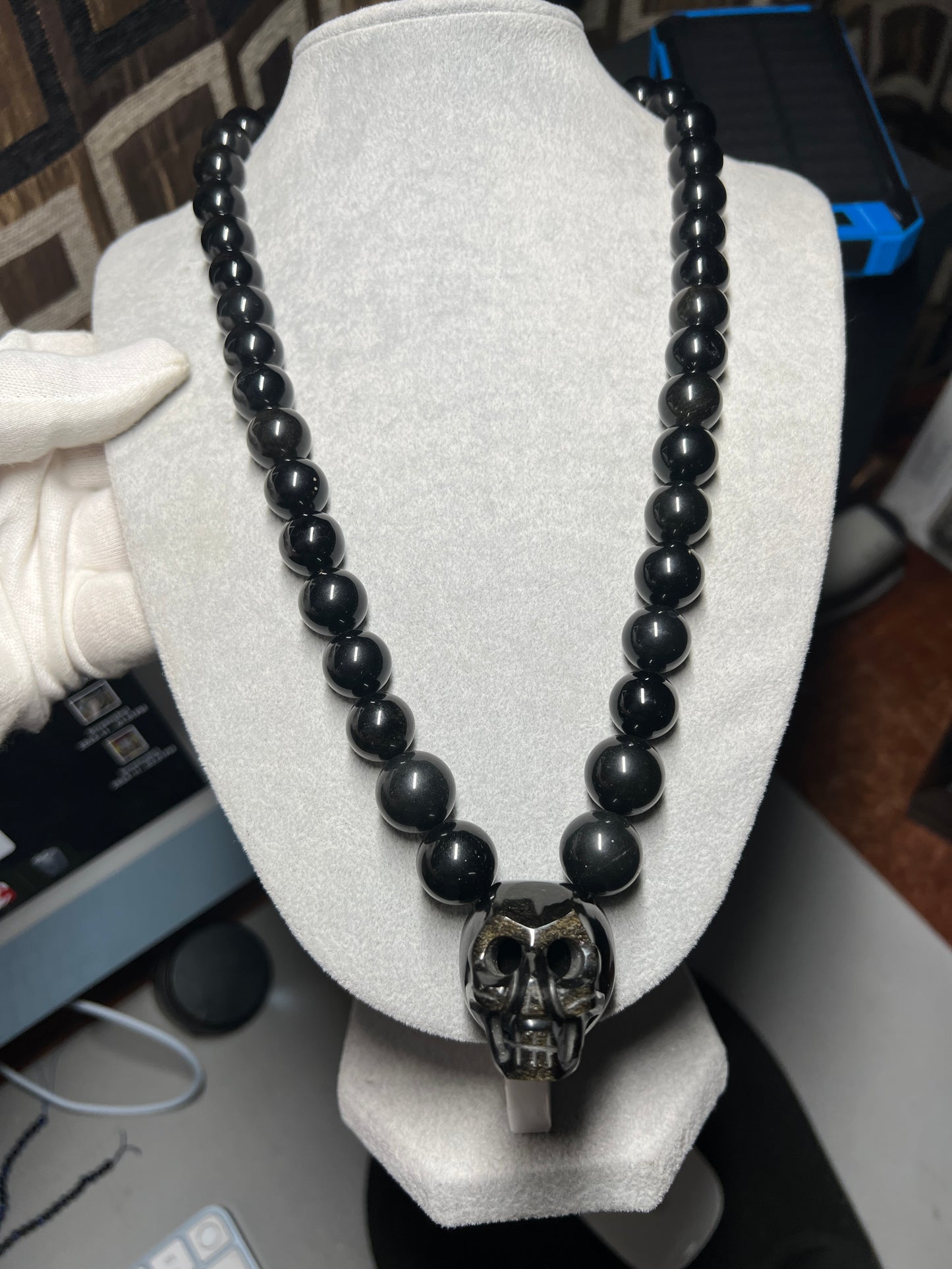 Gold Sheen Obsidian Aztec Skull Pendant Necklace, Mictlantecuitli, Lord of Underworld, Aztec (#13)