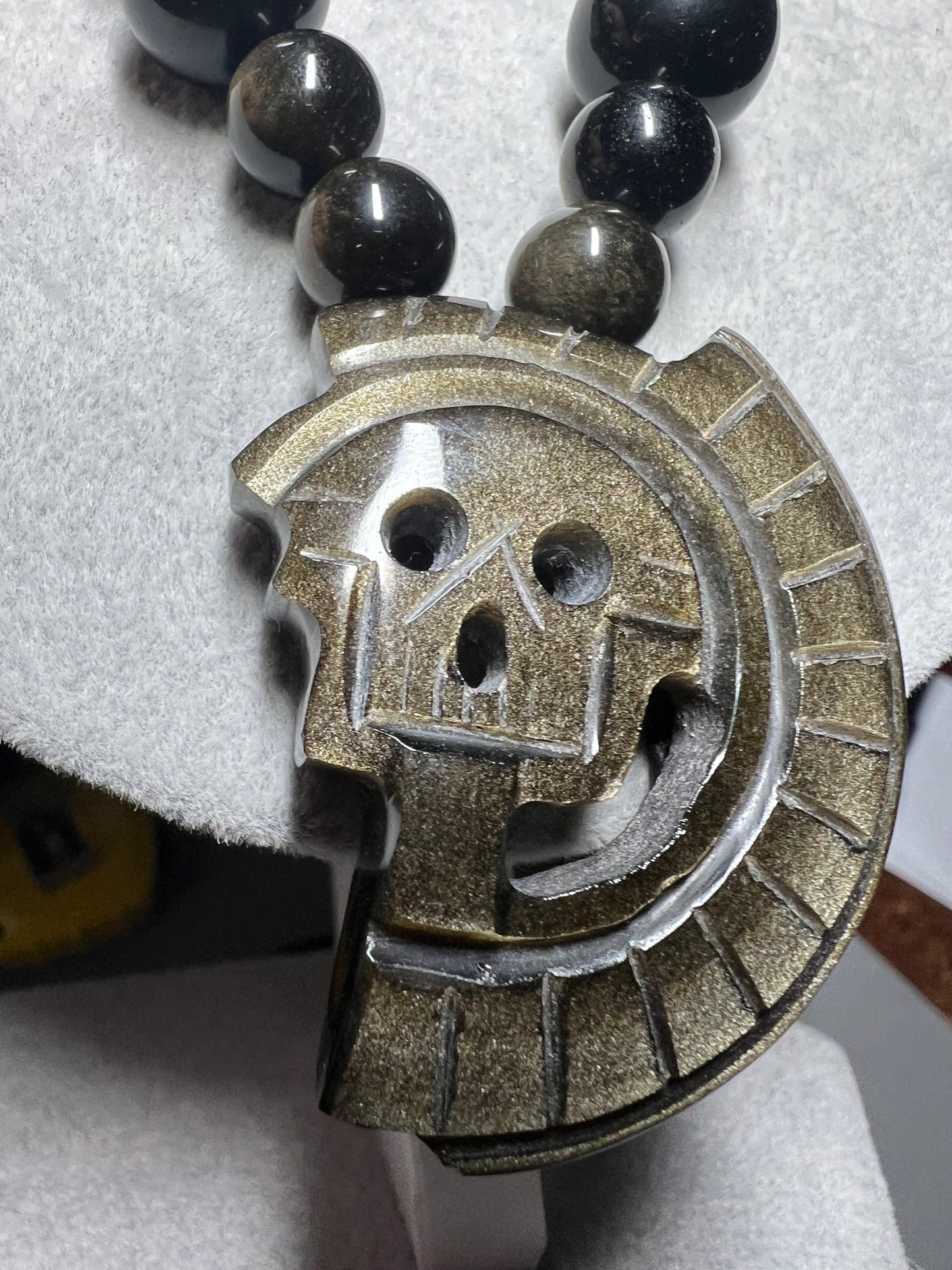 Gold Sheen Obsidian Piedra De Muerte Pendant Beaded Necklace, Aztec, Stone of Death, Mictlantecuhtli, Handmade, Mexico, Prehispanic Jewelry (#14)