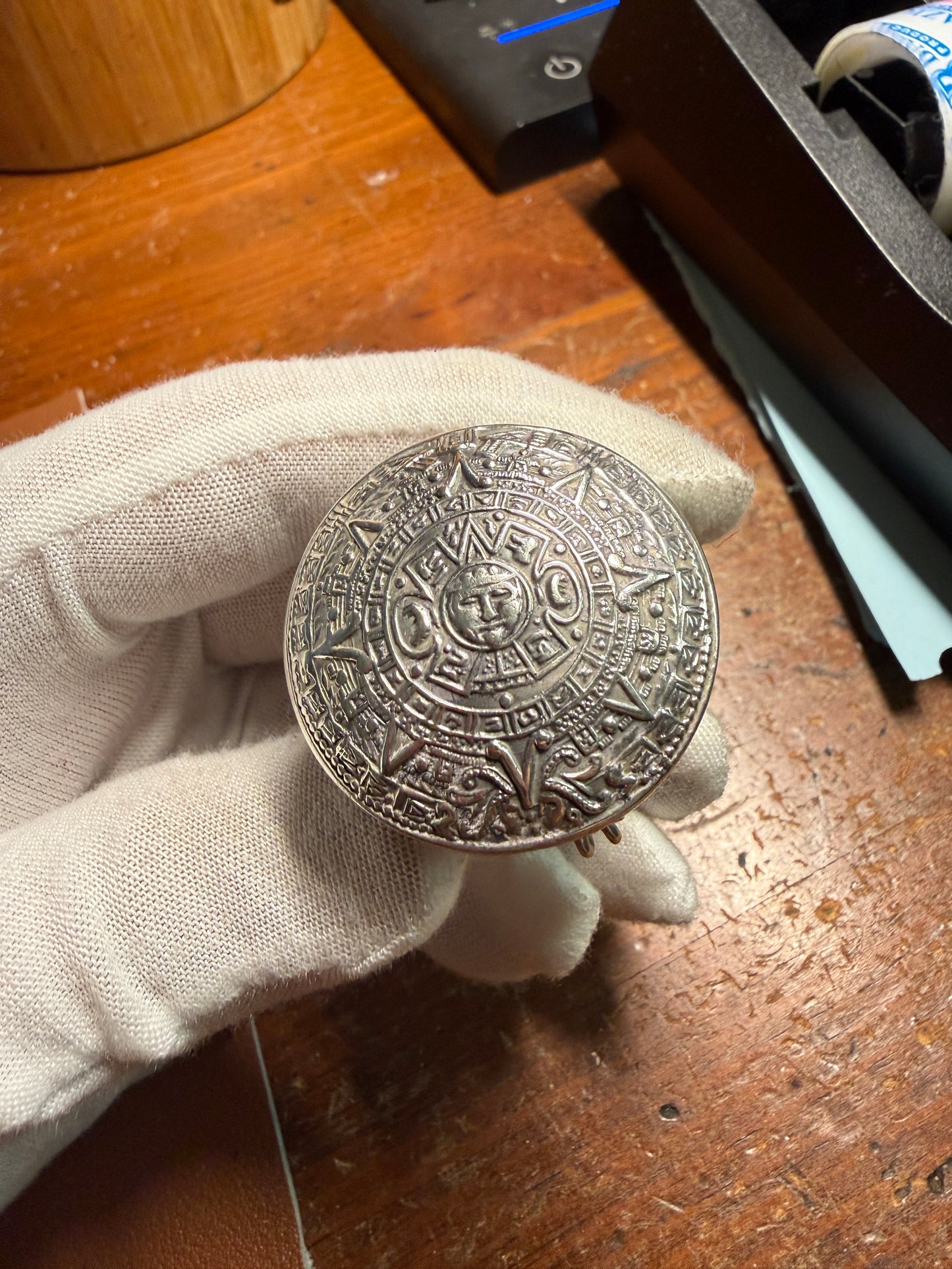 VINTAGE STERLING SILVER MEXICAN AZTEC MAYAN SUN CALENDAR PILL BOX 32g 925 (#Xa42