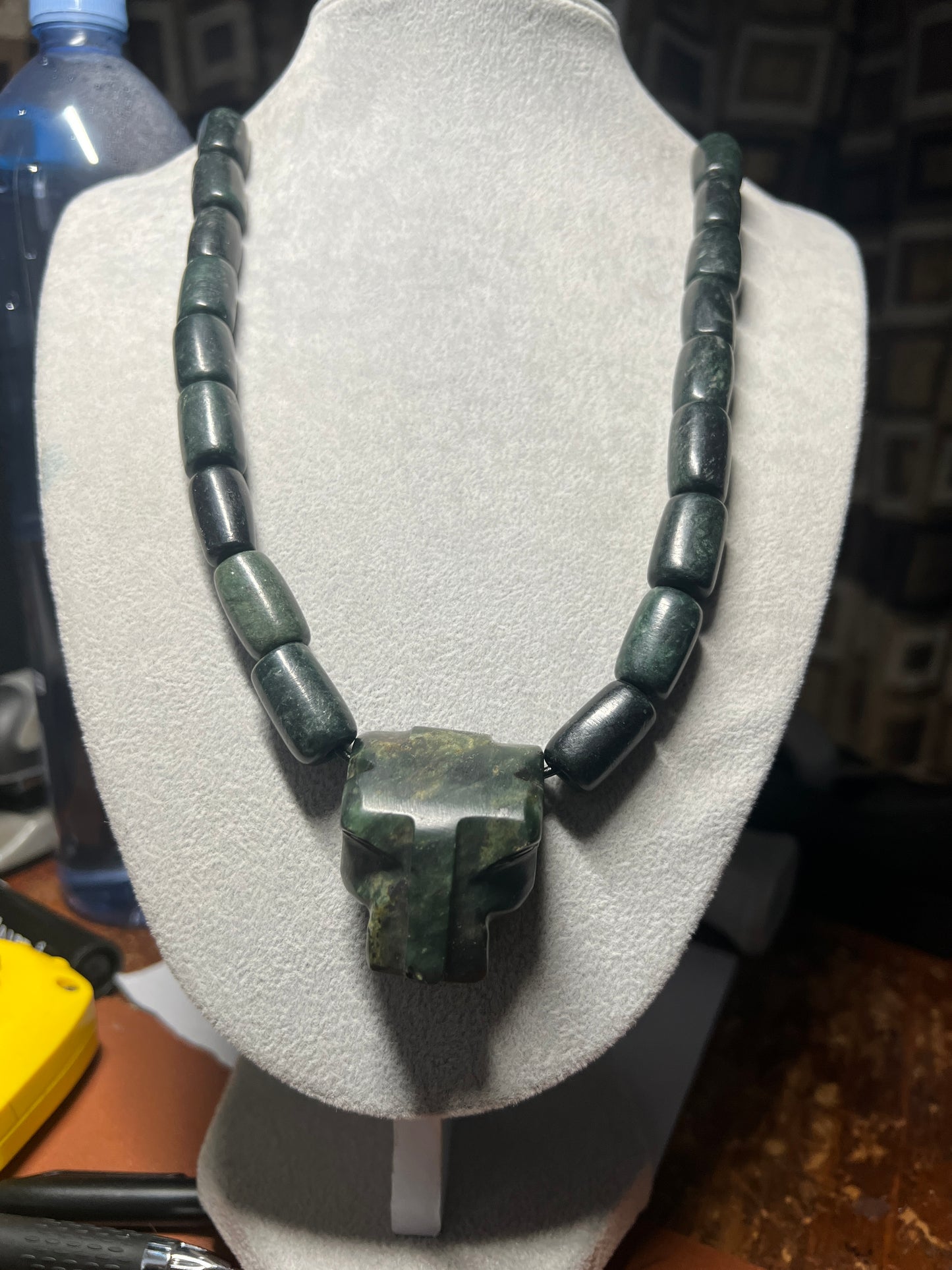 Jaguar Jade Pendant, Obsidian Jade Beaded Necklace, Aztec, Mexica, Mayan, Adjustable, Mexico (#16)