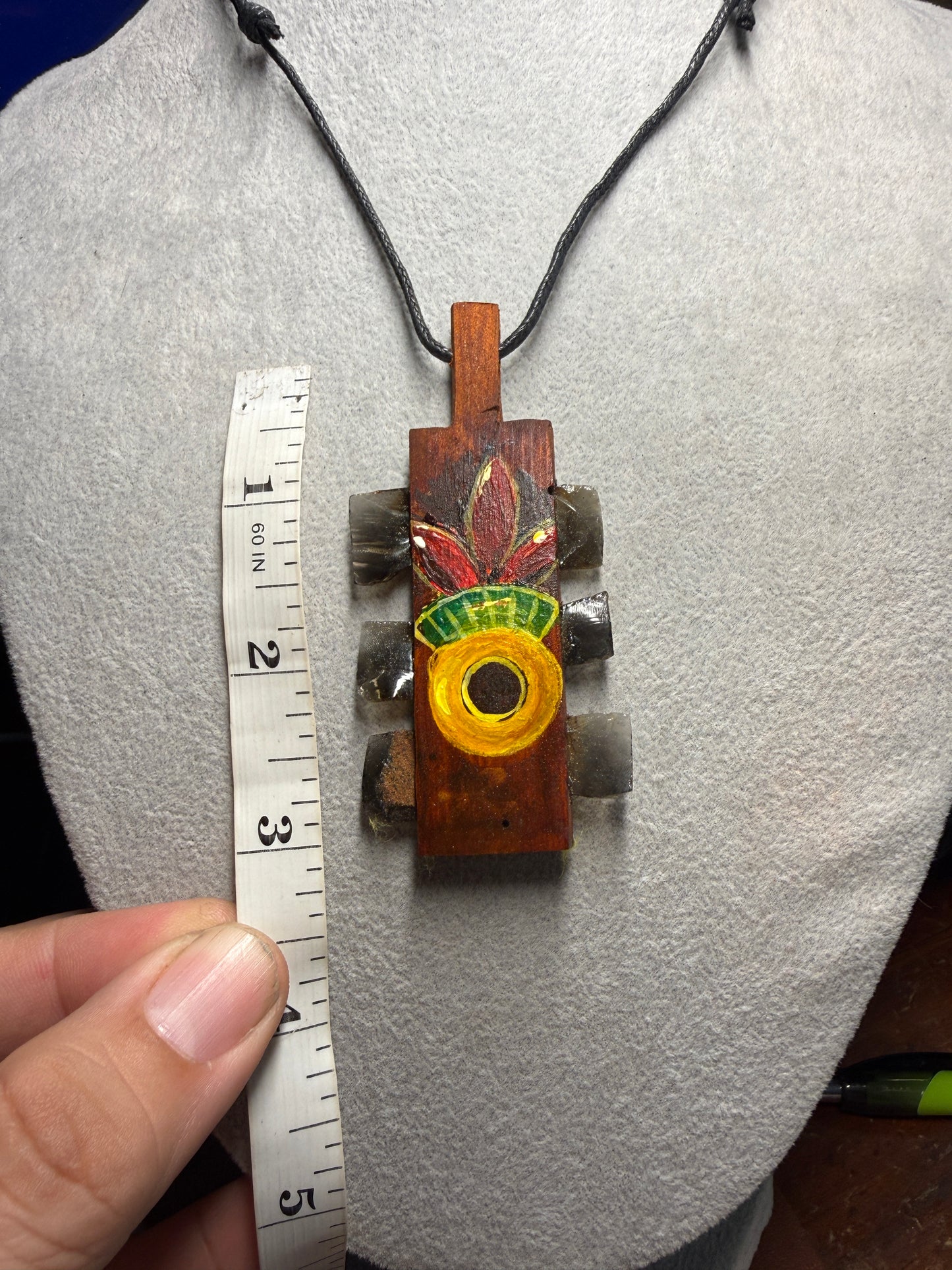 Mini Macuahuitl Necklace, Obsidian, Wood, Aztec Flower Xochitl, Handmade, Mexico (Xa17)