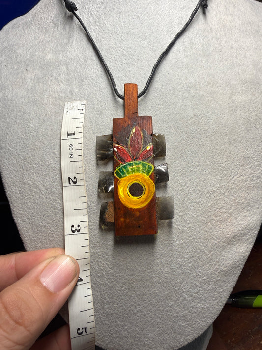 Mini Macuahuitl Necklace, Obsidian, Wood, Aztec Flower Xochitl, Handmade, Mexico (Xa17)