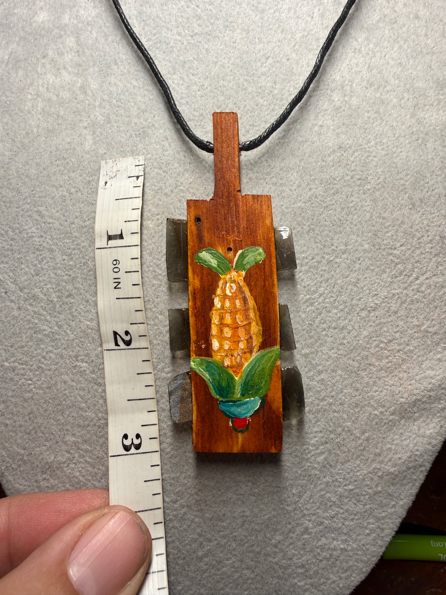 Mini Macuahuitl Necklace, Real Obsidian, Aztec Corn Maize Design, Handmade, Mexico (Xa18)