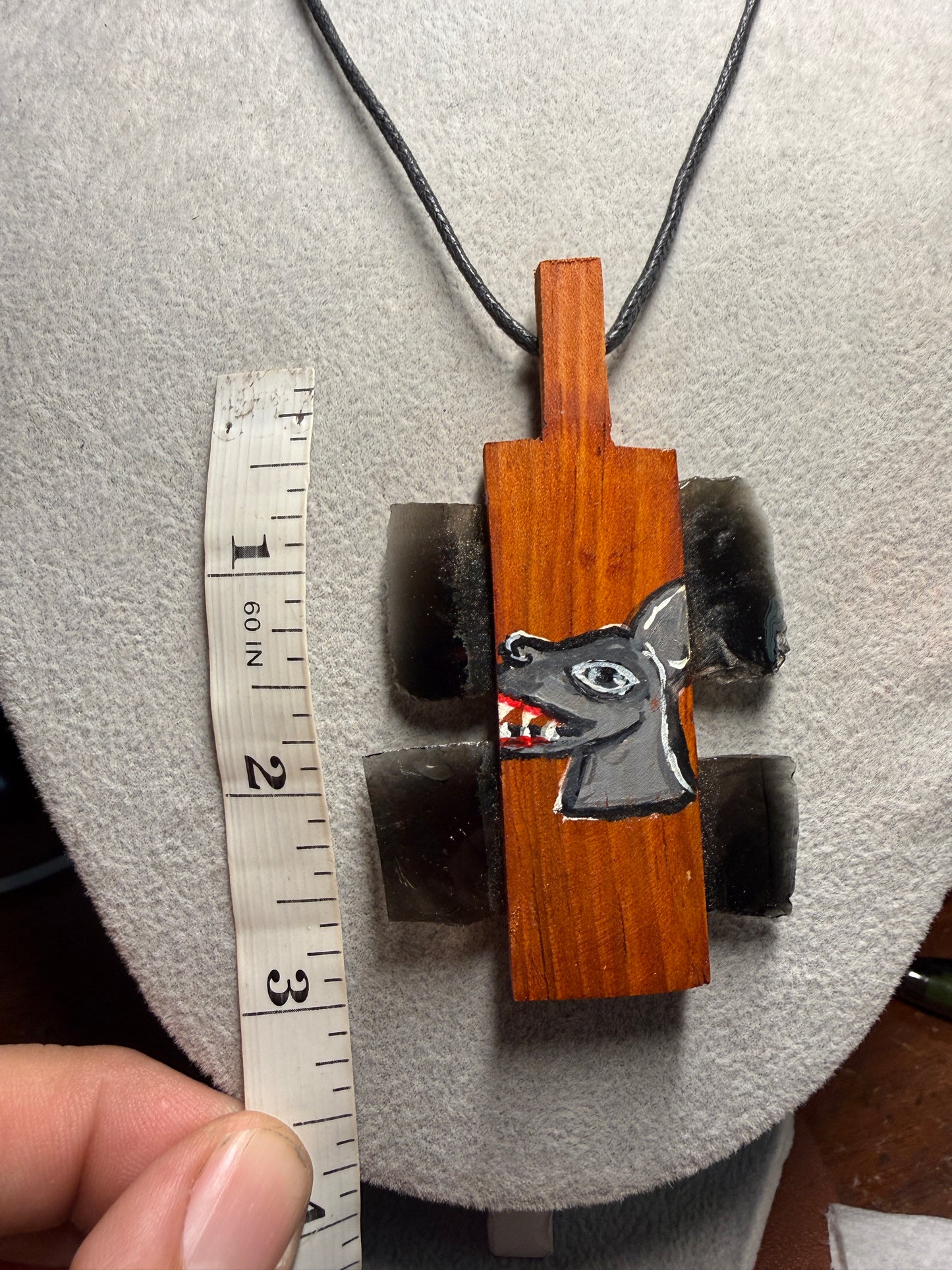 Mini Macuahuitl Necklace, Real Obsidian, Aztec Dog Xoloitzcuintle, Handmade, Mexico (Xa22)