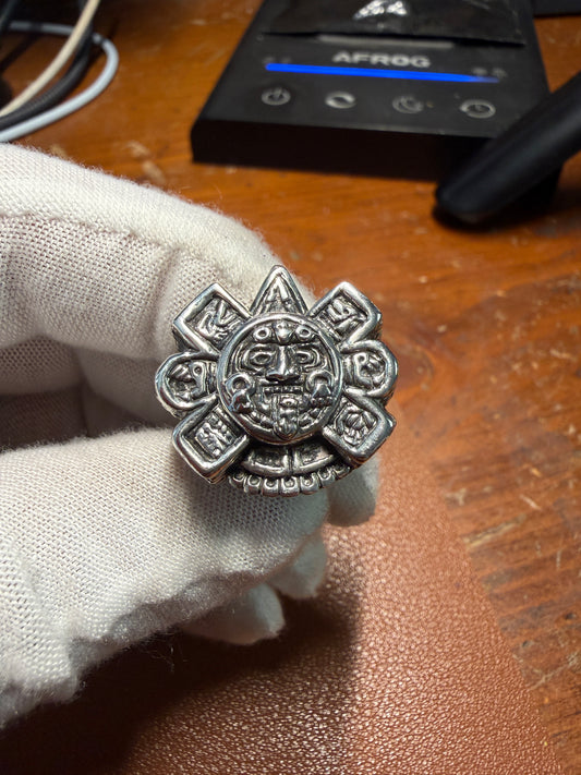 Aztec Calendar Tonatiuh Sterling Silver (925) Ring, Handmade, Mexican (Xa33)