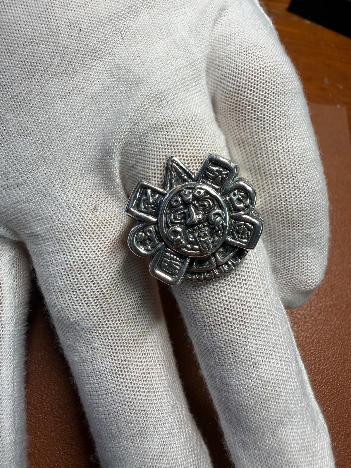 Aztec Calendar Tonatiuh Sterling Silver (925) Ring, Handmade, Mexican (Xa33)