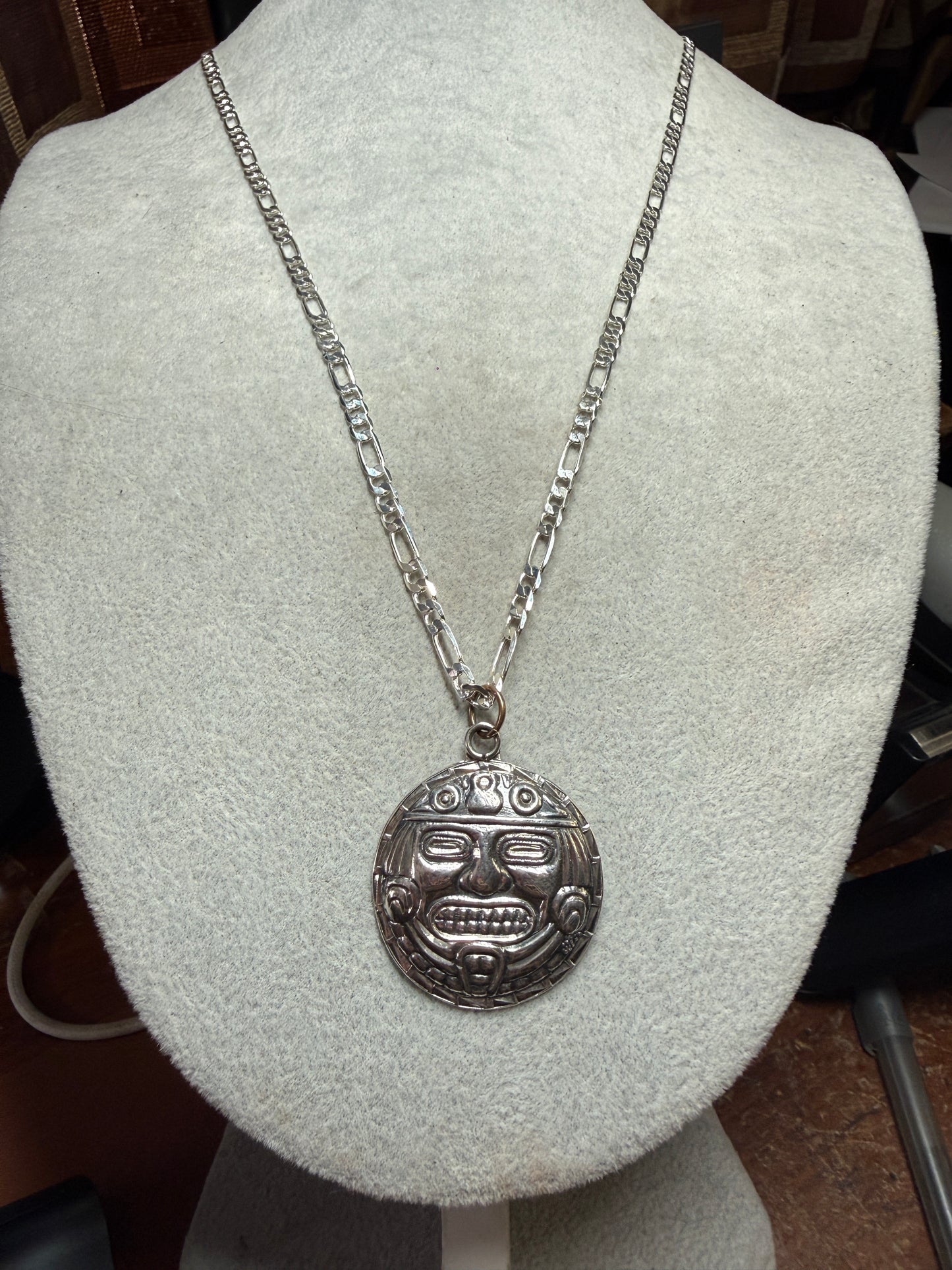 Vintage Tonatiuh Aztec Calendar Face Sterling Silver Pendant Necklace 6g (Xa33)