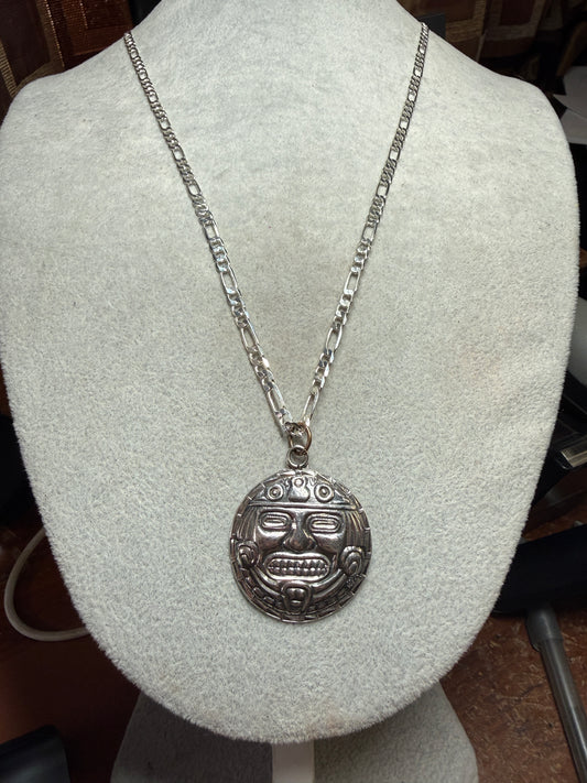 Vintage Tonatiuh Aztec Calendar Face Sterling Silver Pendant Necklace 6g (Xa33)