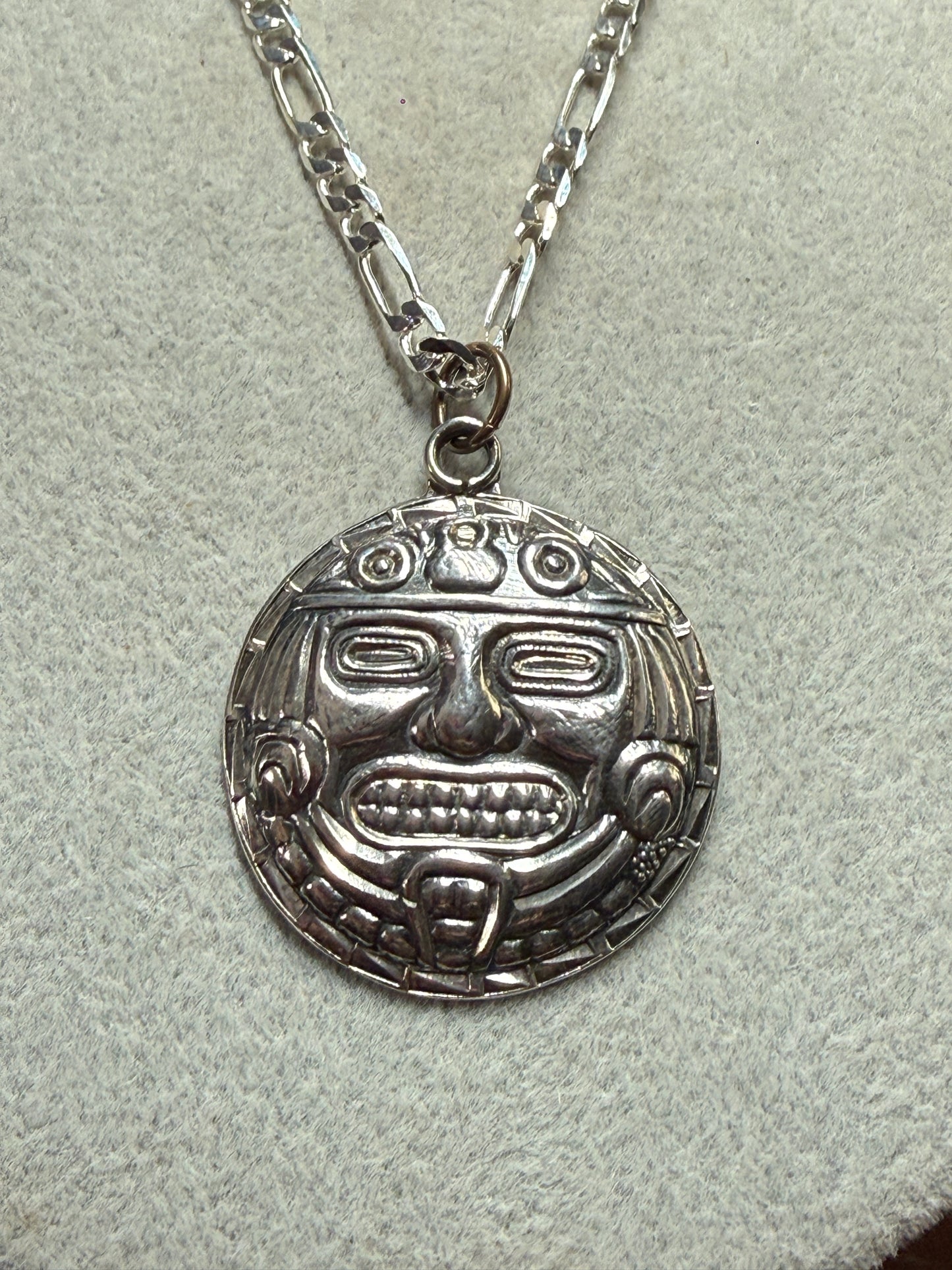 Vintage Tonatiuh Aztec Calendar Face Sterling Silver Pendant Necklace 6g (Xa33)
