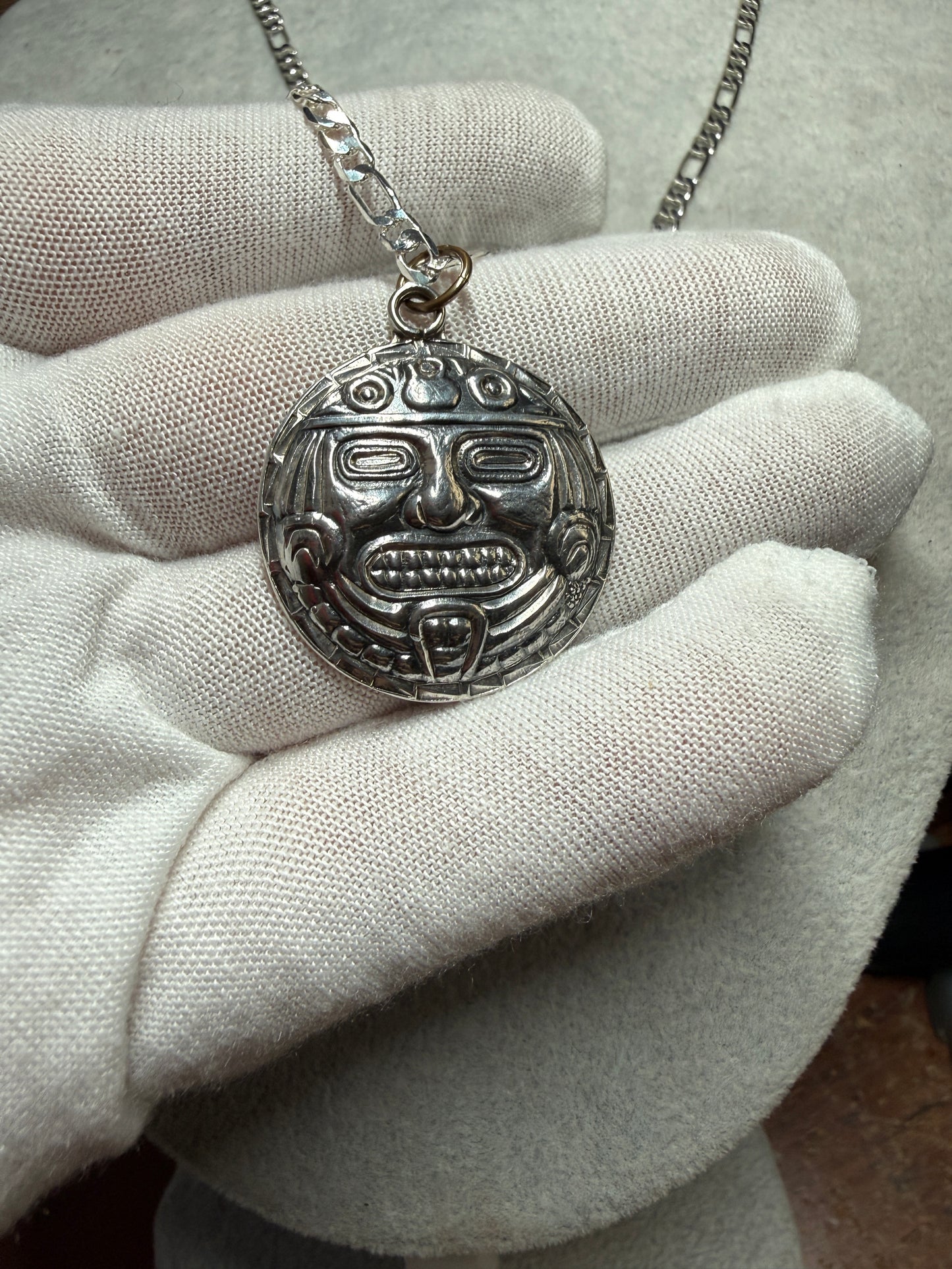 Vintage Tonatiuh Aztec Calendar Face Sterling Silver Pendant Necklace 6g (Xa33)