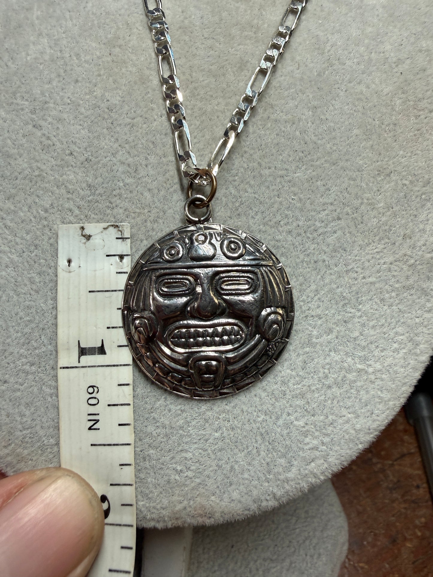 Vintage Tonatiuh Aztec Calendar Face Sterling Silver Pendant Necklace 6g (Xa33)