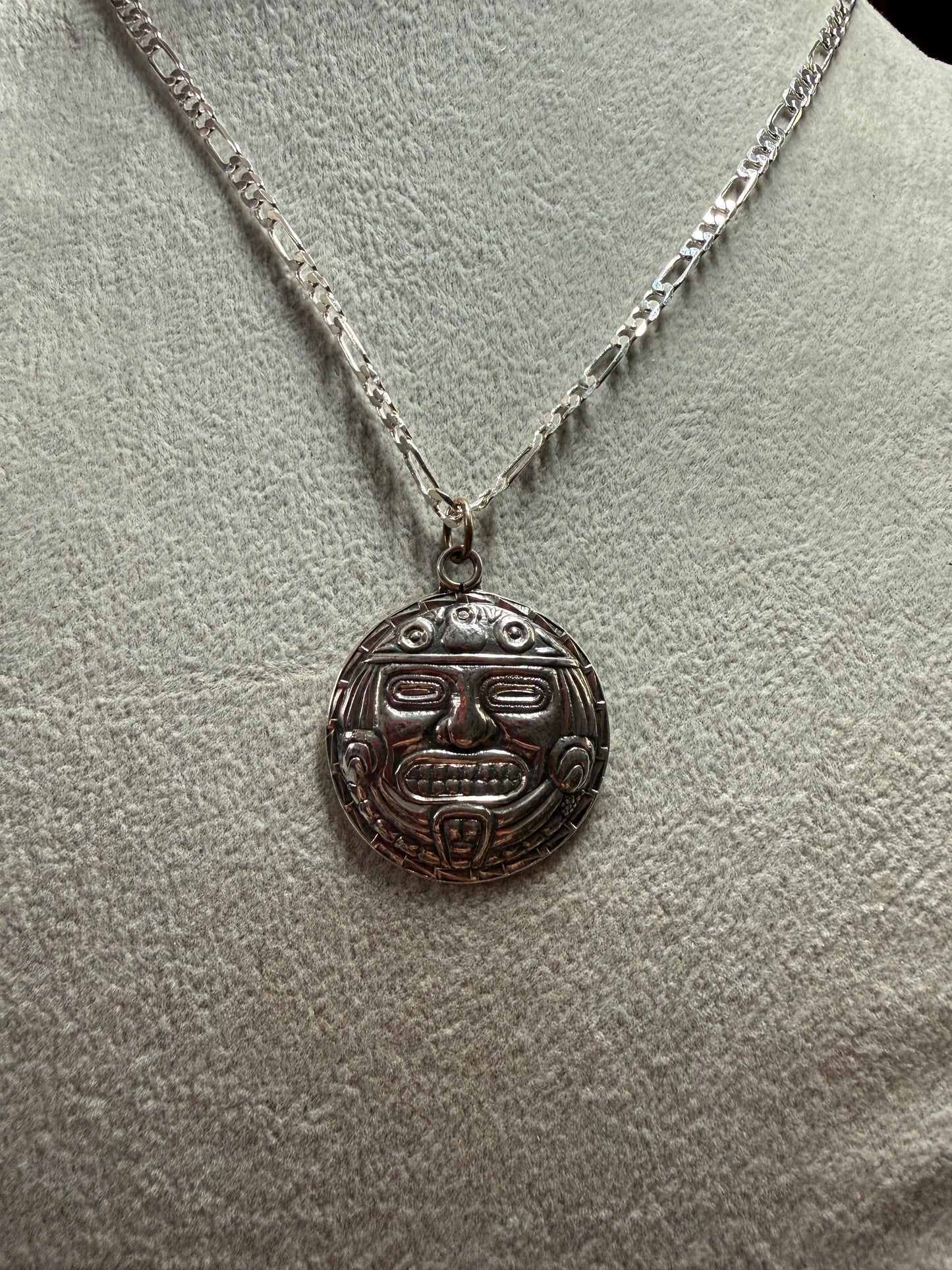 Vintage Tonatiuh Aztec Calendar Face Sterling Silver Pendant Necklace 6g (Xa33)