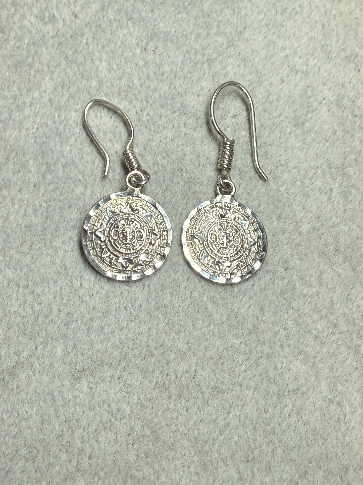 Vintage Mexican 925 Sterling Silver Aztec Calendar Tonatiuh Dangle Earrings (Xa33)