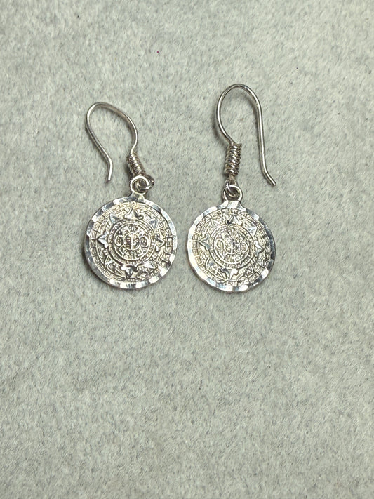 Vintage Mexican 925 Sterling Silver Aztec Calendar Tonatiuh Dangle Earrings (Xa33)