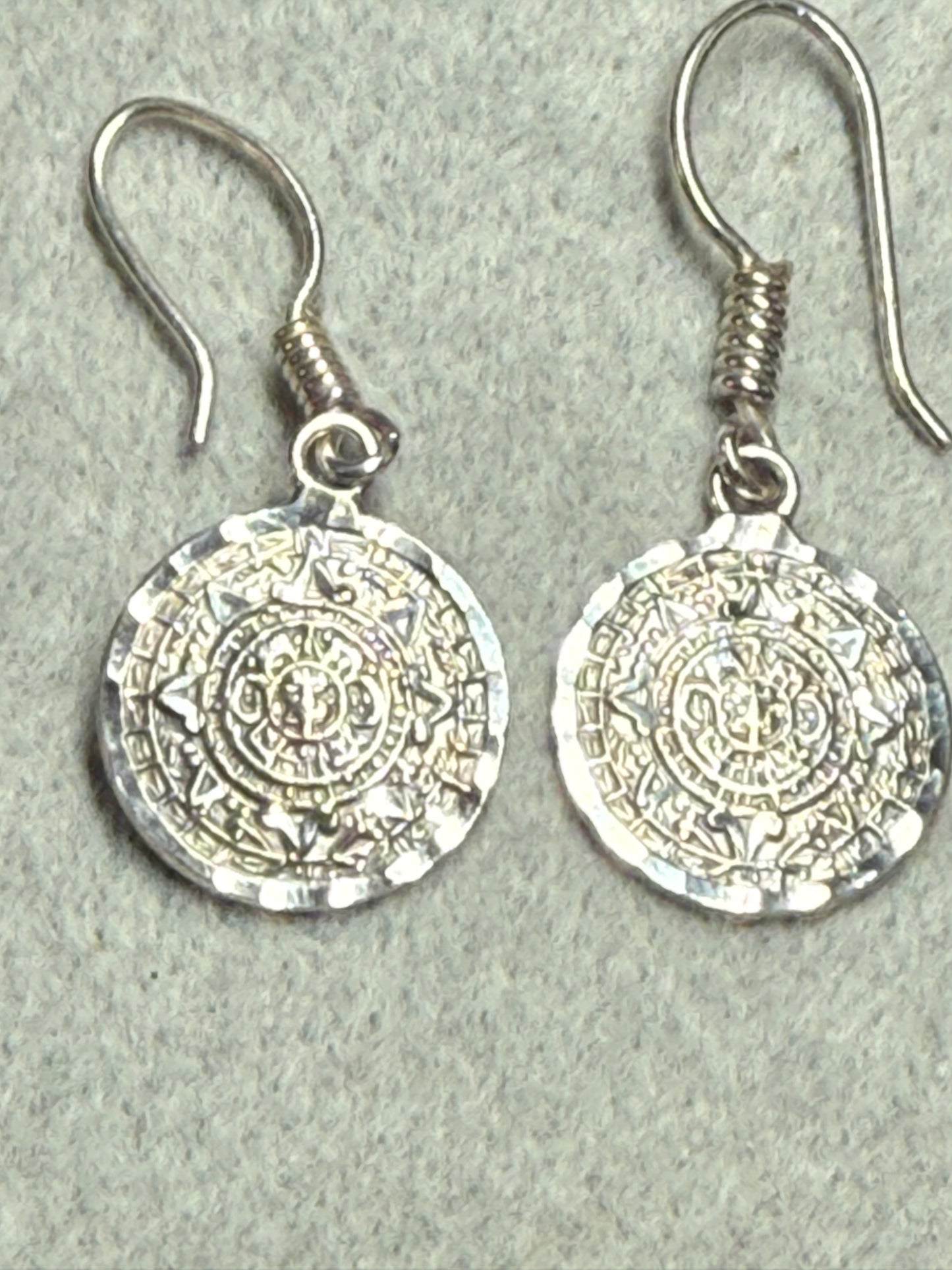 Vintage Mexican 925 Sterling Silver Aztec Calendar Tonatiuh Dangle Earrings (Xa33)