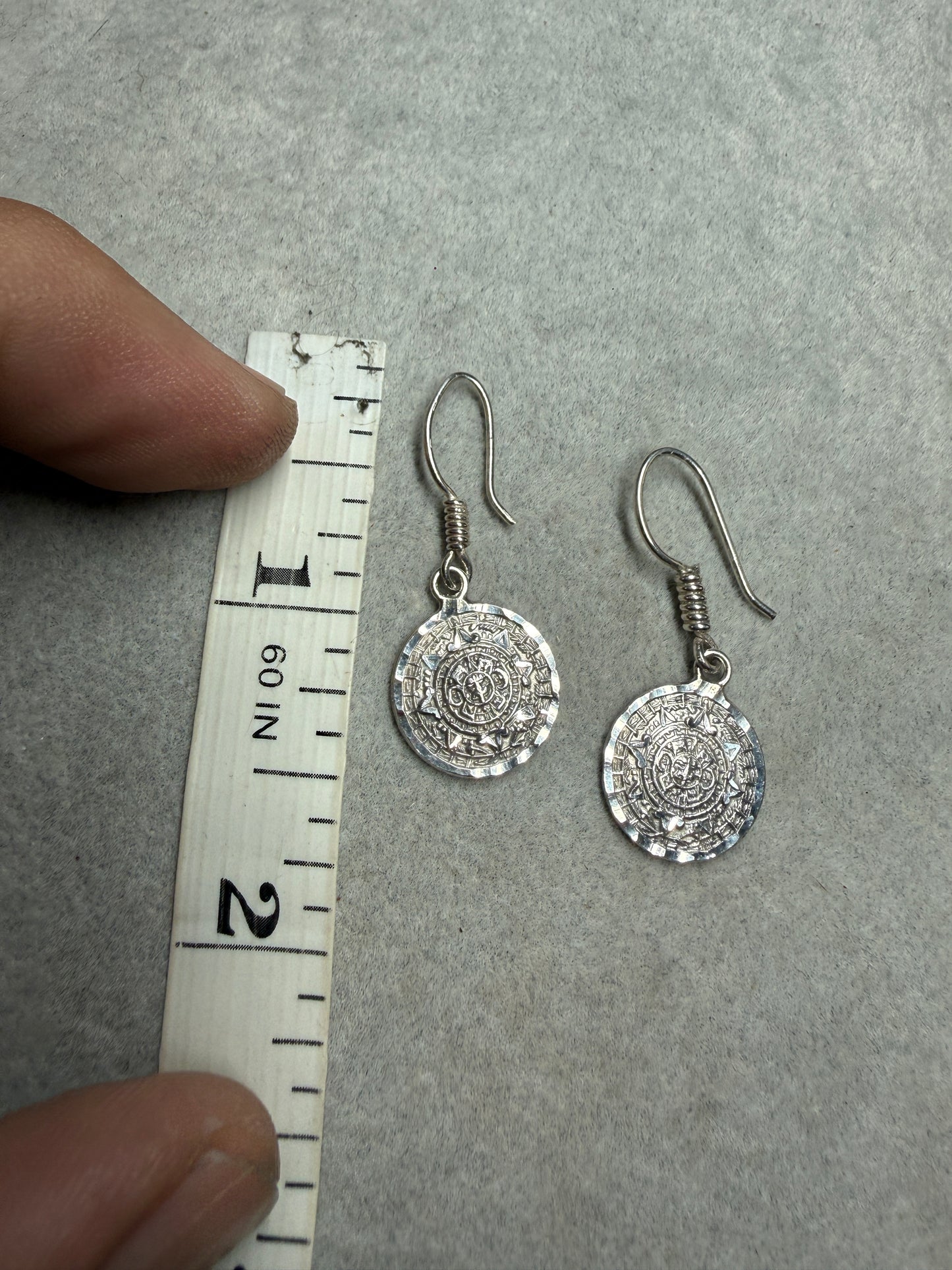 Vintage Mexican 925 Sterling Silver Aztec Calendar Tonatiuh Dangle Earrings (Xa33)