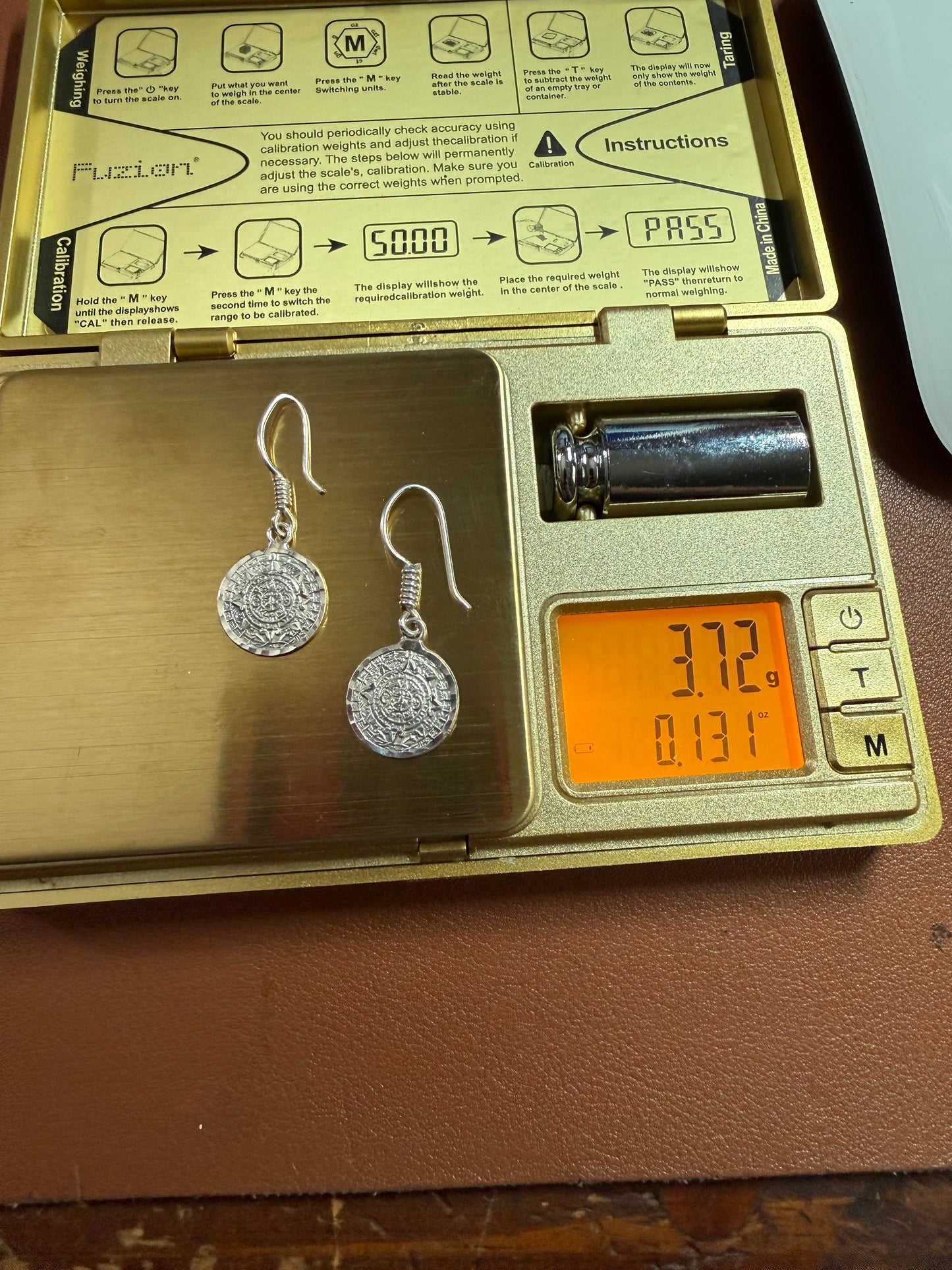 Vintage Mexican 925 Sterling Silver Aztec Calendar Tonatiuh Dangle Earrings (Xa33)