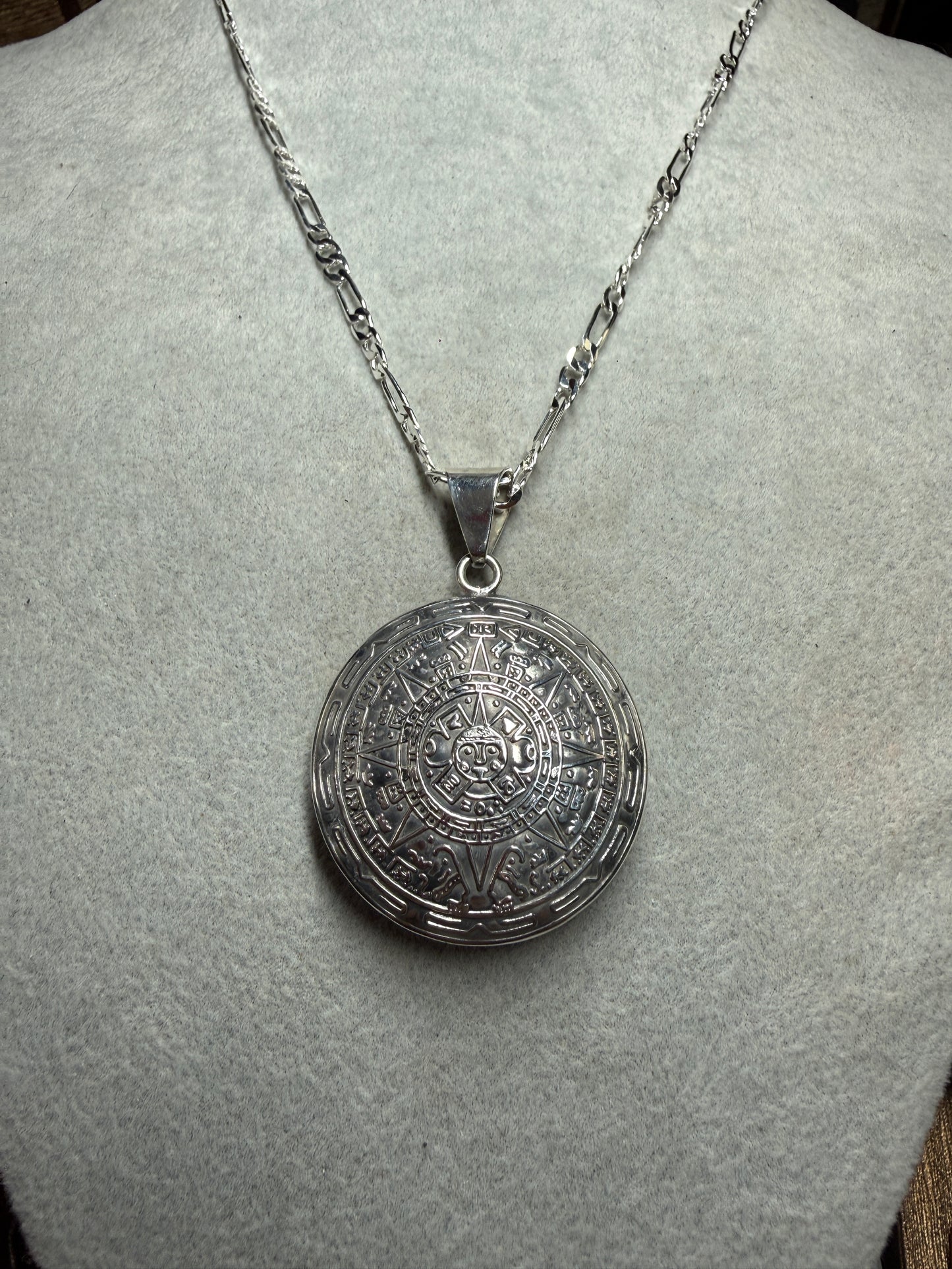 925 Sterling Silver Aztec Calendar Pendant Necklace Chain Tonatiuh Sun God (Xa33