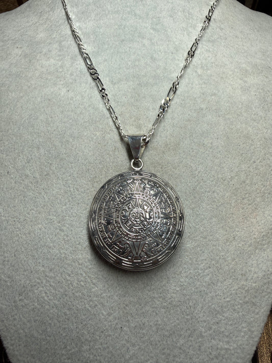 925 Sterling Silver Aztec Calendar Pendant Necklace Chain Tonatiuh Sun God (Xa33
