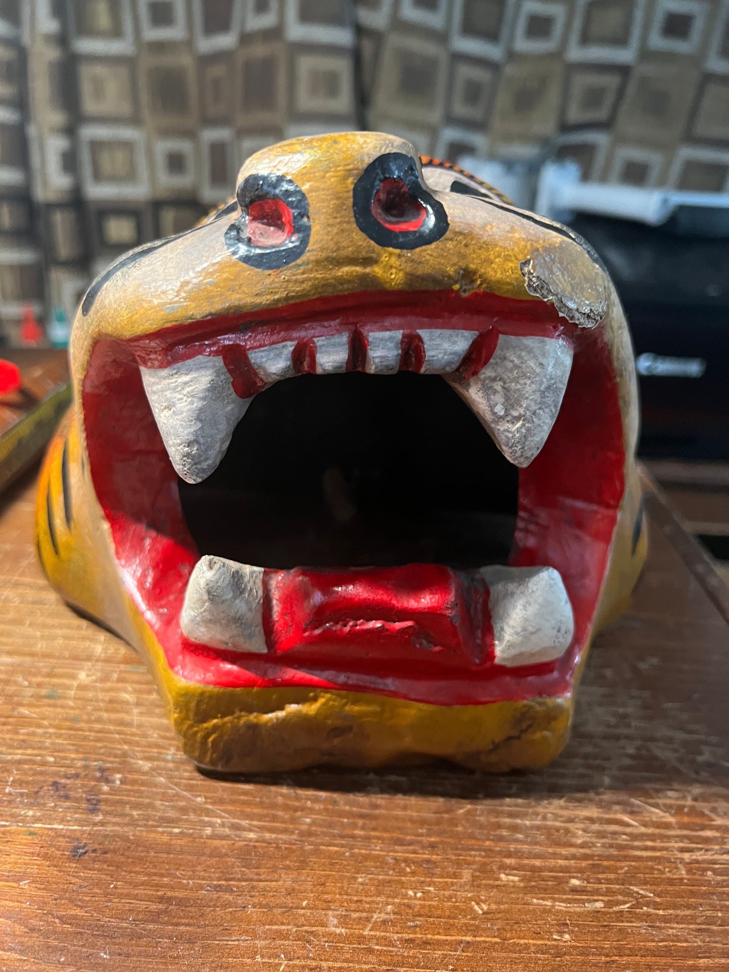 Vintage Jaguar Head Wood Carving from Mexico, Maya, Yucatan, Mexican Folk Art