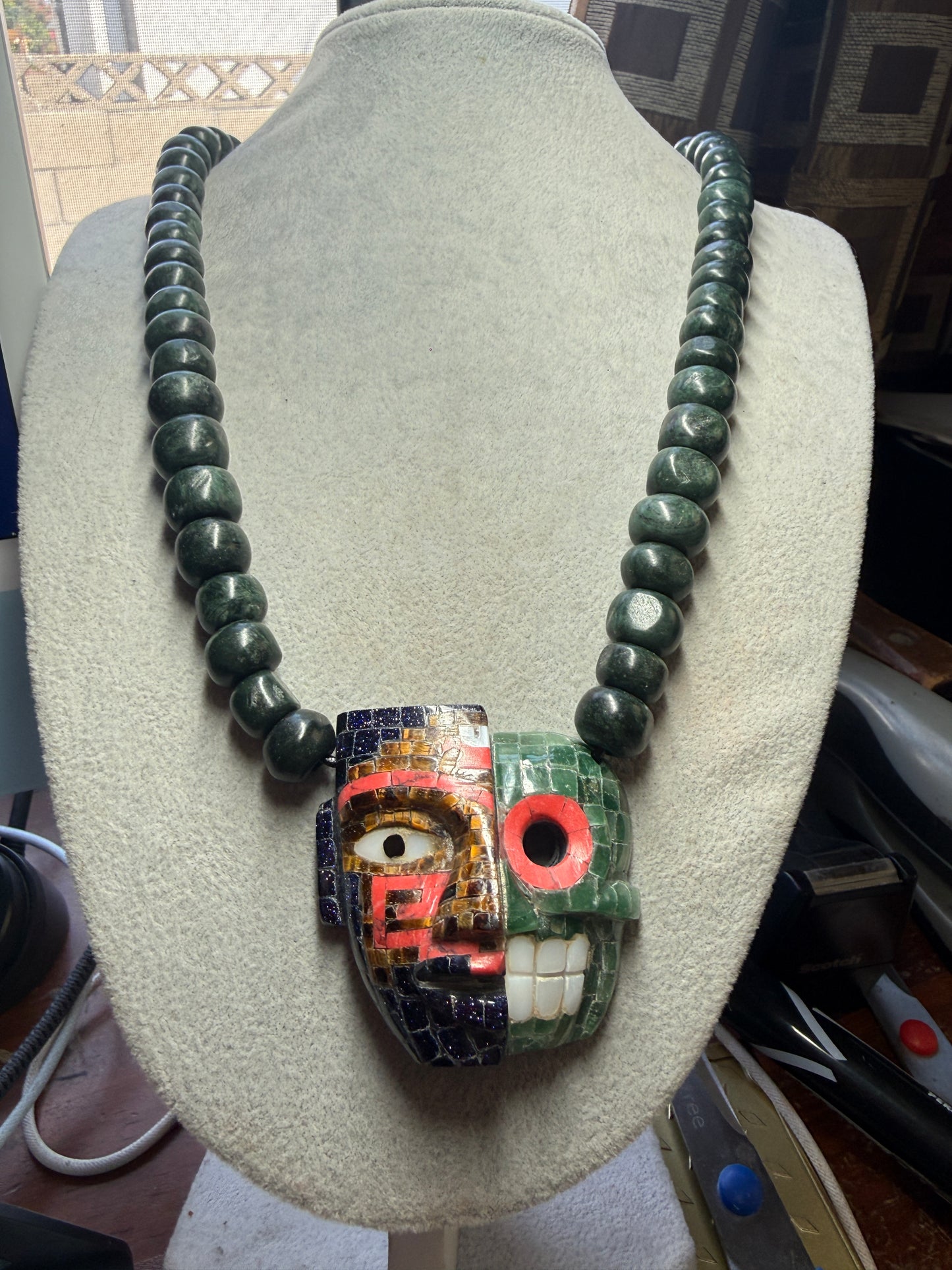 Duality Life & Death Mask Stone Tile Mosaic Pendant, Indigenous Mexico Necklace #Xa34