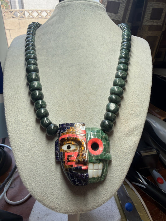 Duality Life & Death Mask Stone Tile Mosaic Pendant, Indigenous Mexico Necklace #Xa34