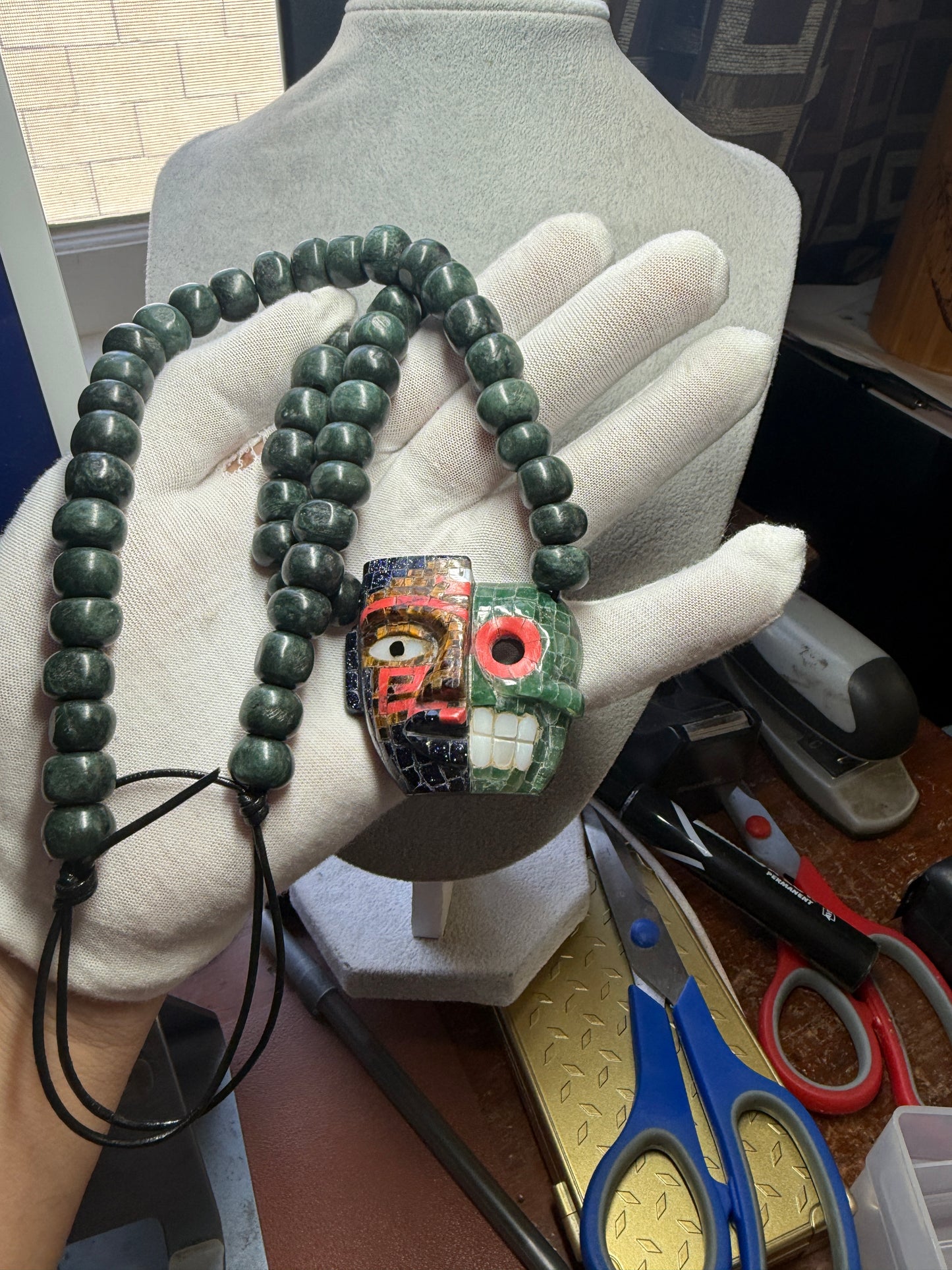 Duality Life & Death Mask Stone Tile Mosaic Pendant, Indigenous Mexico Necklace #Xa34
