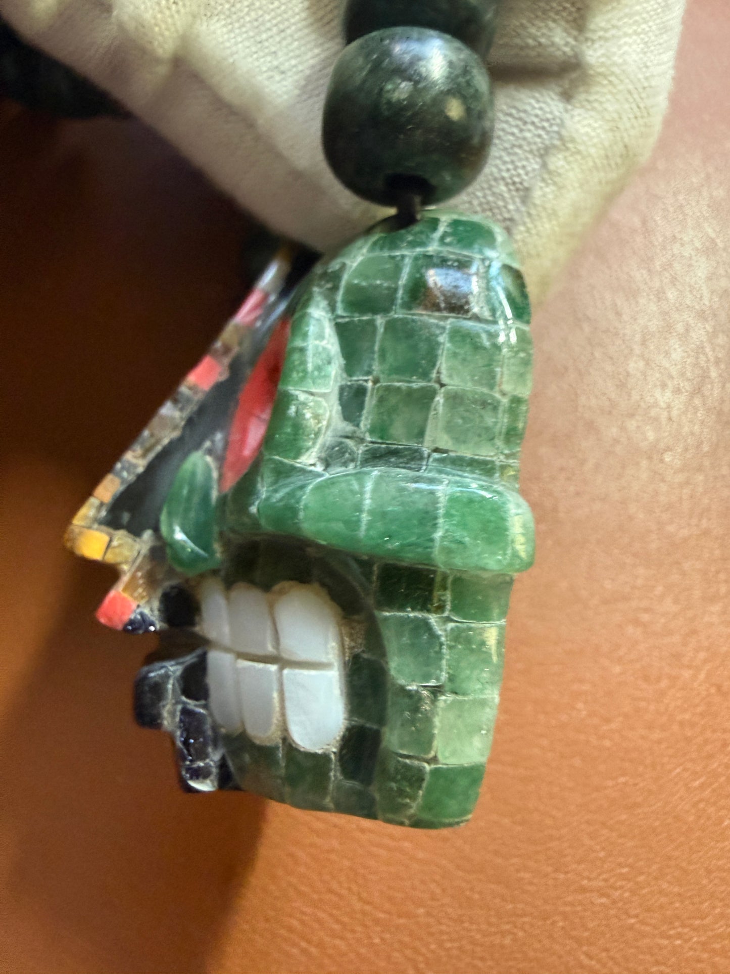 Duality Life & Death Mask Stone Tile Mosaic Pendant, Indigenous Mexico Necklace #Xa34