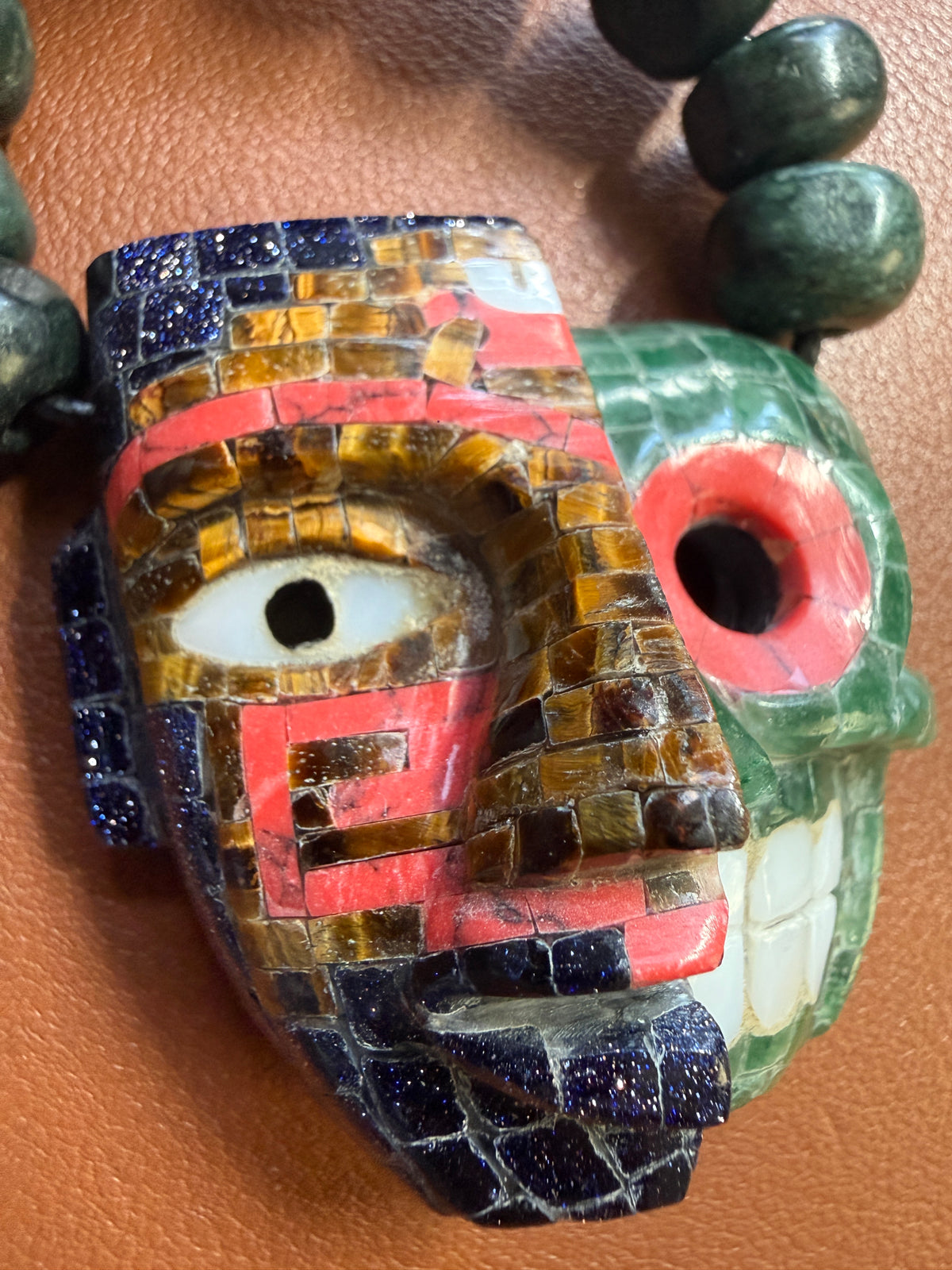 Duality Life & Death Mask Stone Tile Mosaic Pendant, Indigenous Mexico Necklace #Xa34