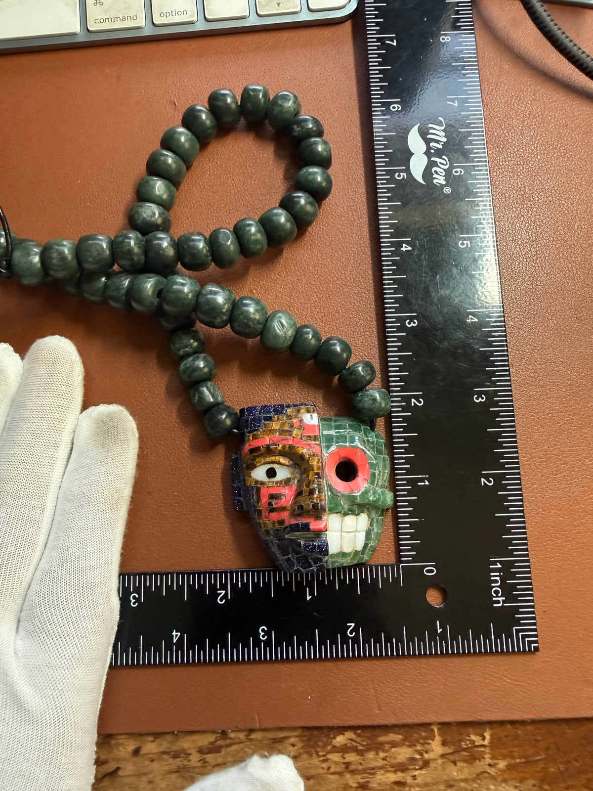 Duality Life & Death Mask Stone Tile Mosaic Pendant, Indigenous Mexico Necklace #Xa34