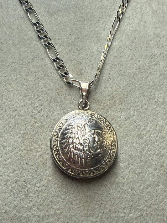 Sterling Silver 925 2 Sides Aztec Eagle Warrior & Calendar 1" Pendant 4.3g (Xa2)