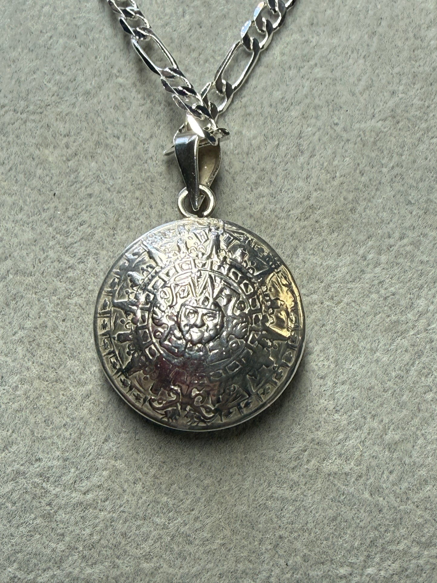 Sterling Silver 925 2 Sides Aztec Eagle Warrior & Calendar 1" Pendant 4.3g (Xa2)