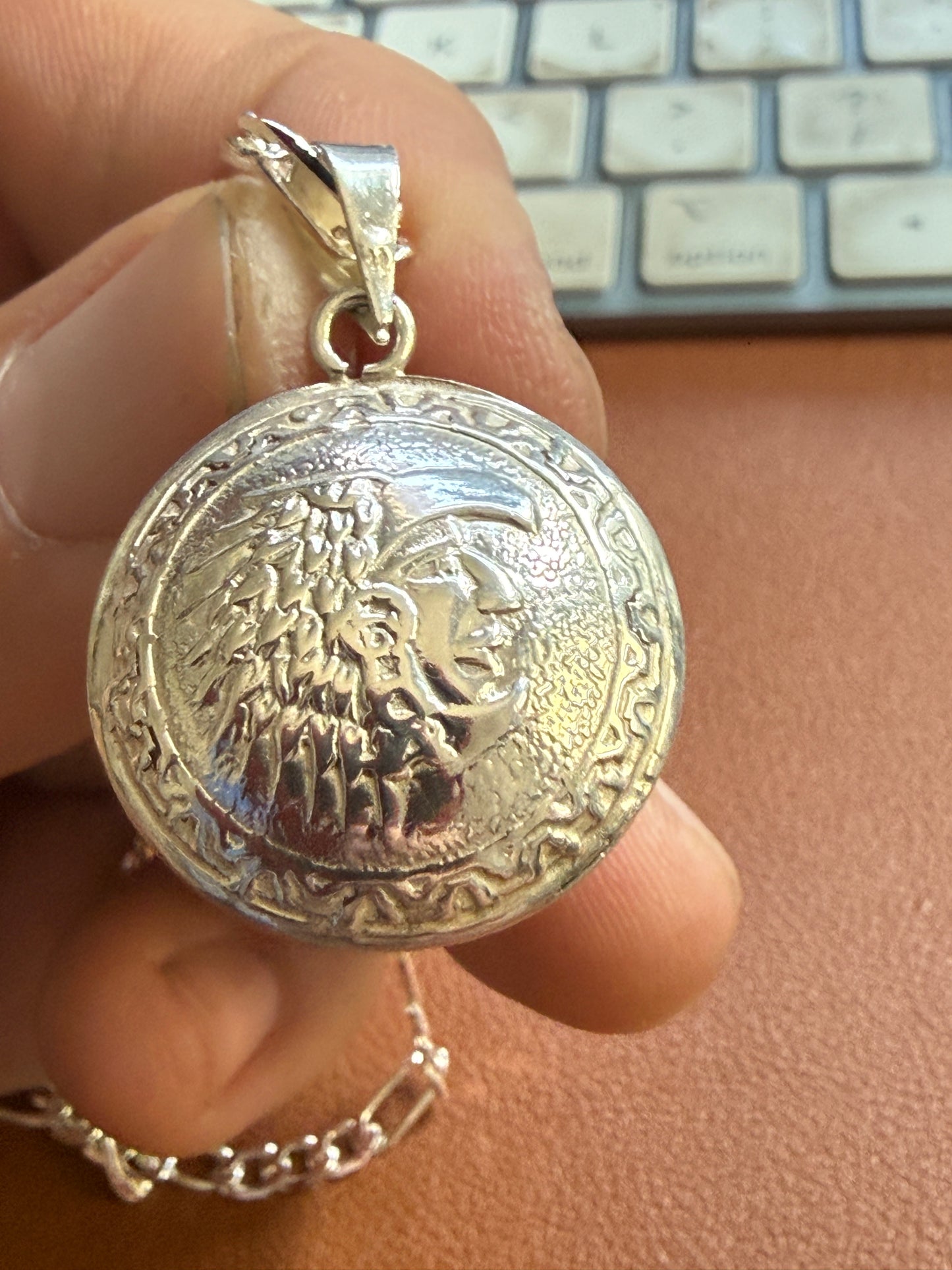 Sterling Silver 925 2 Sides Aztec Eagle Warrior & Calendar 1" Pendant 4.3g (Xa2)