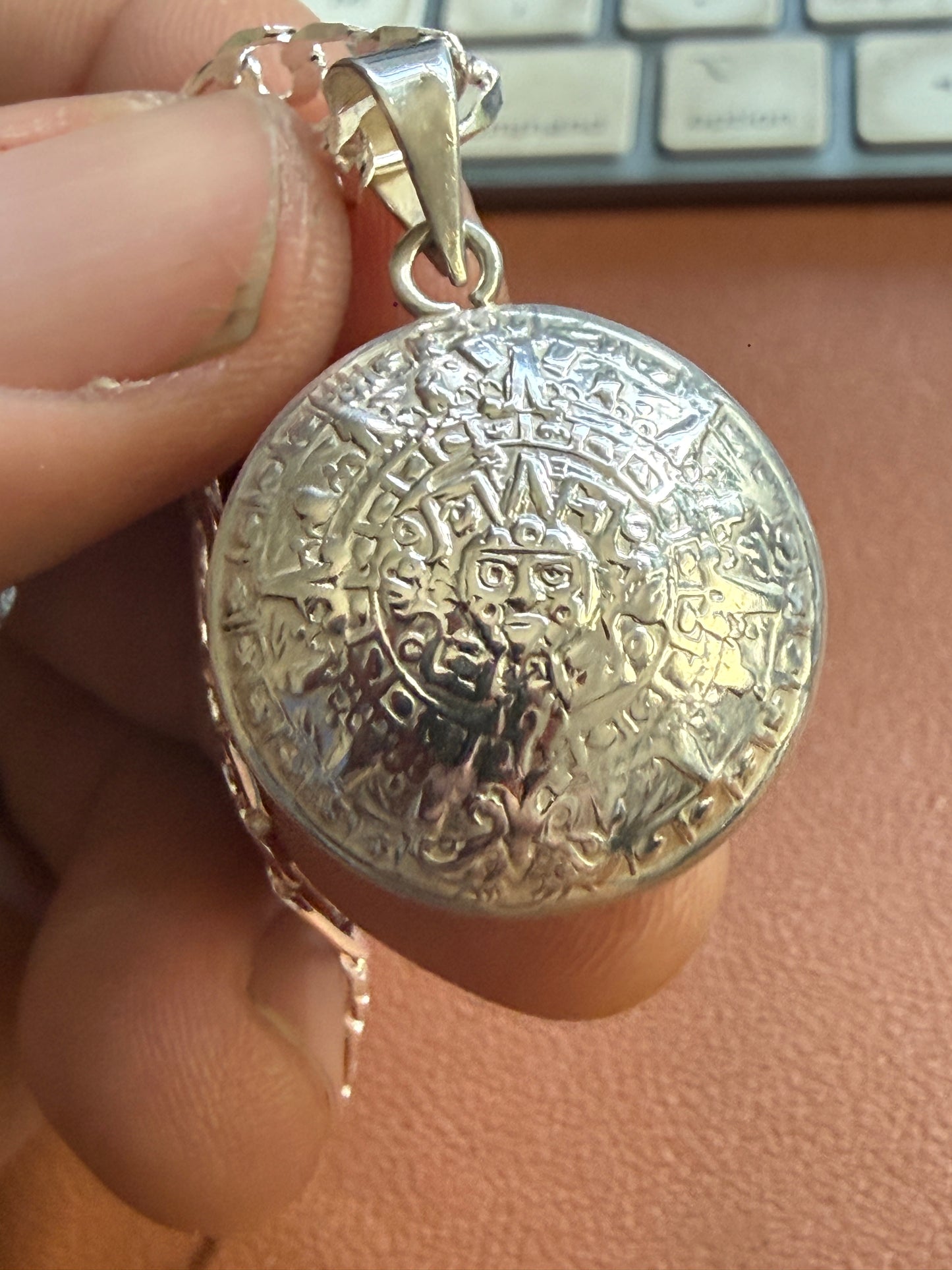 Sterling Silver 925 2 Sides Aztec Eagle Warrior & Calendar 1" Pendant 4.3g (Xa2)
