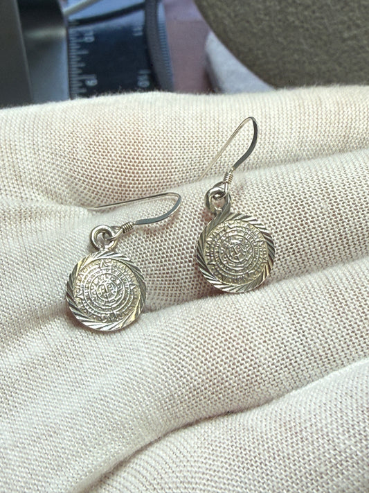 Vintage Mexican 925 Sterling Silver Aztec Calendar Tonatiuh Dangle Earrings (Xa25)
