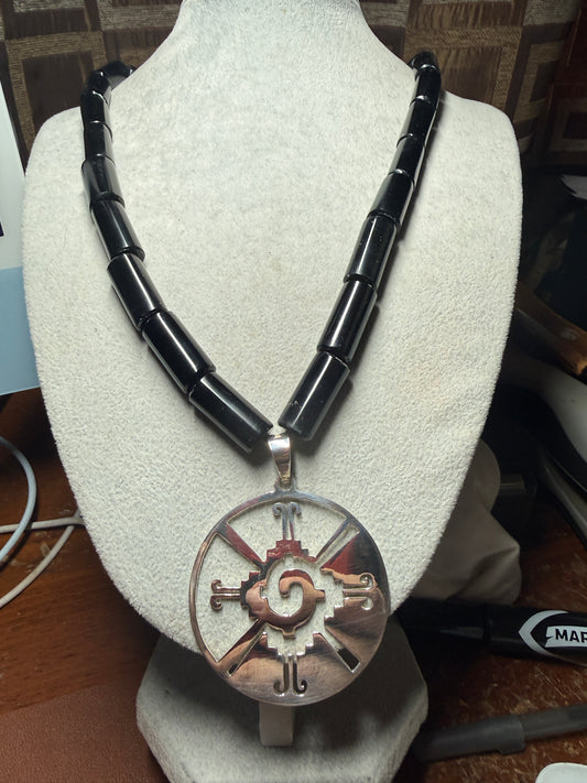 Ometeotl Hunab Ku, Sterling Silver Pendant, One God, Mayan, Maya, Mexican, Obsidian, 925, Duality (H)