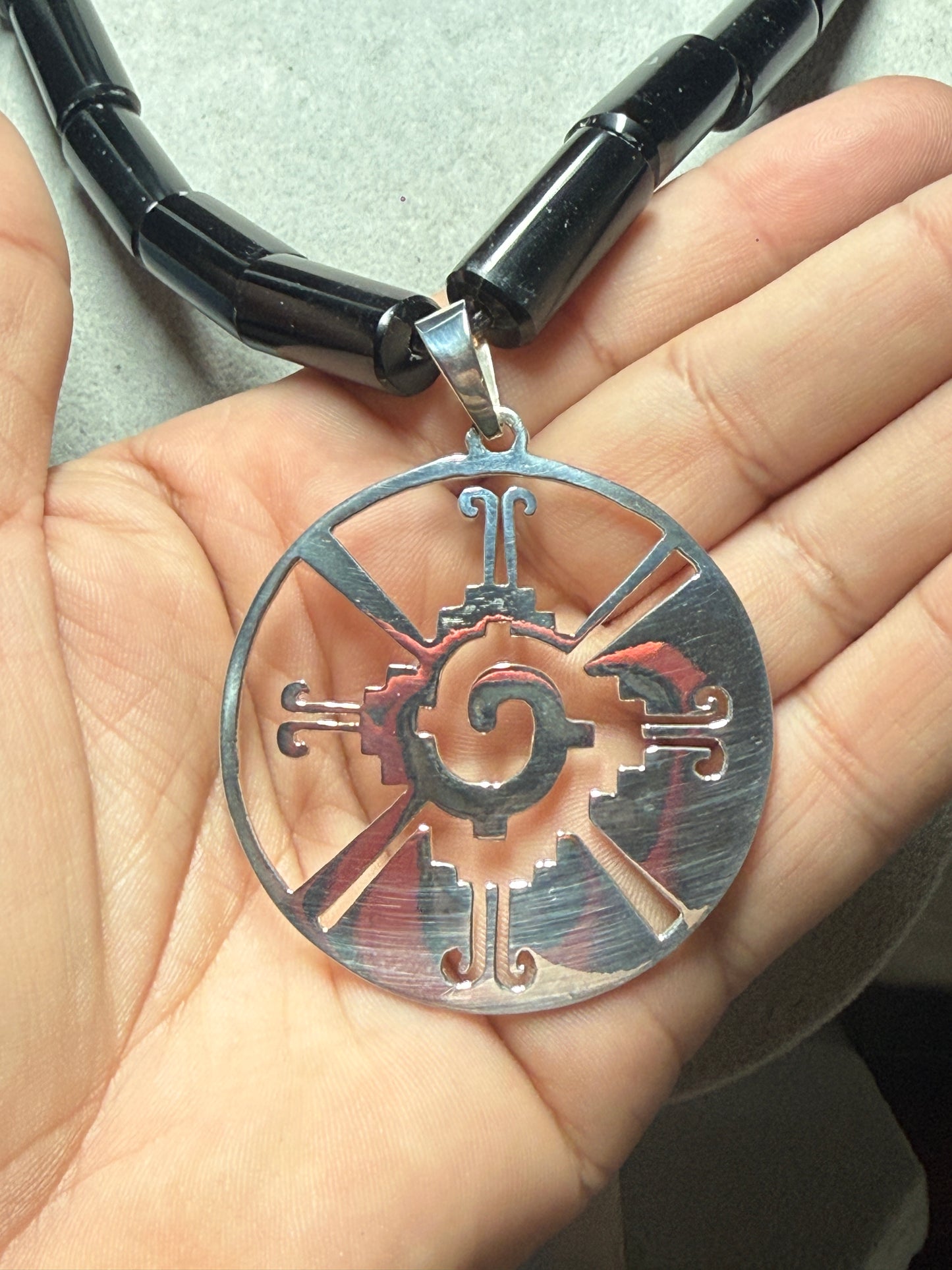 Ometeotl Hunab Ku, Sterling Silver Pendant, One God, Mayan, Maya, Mexican, Obsidian, 925, Duality (H)