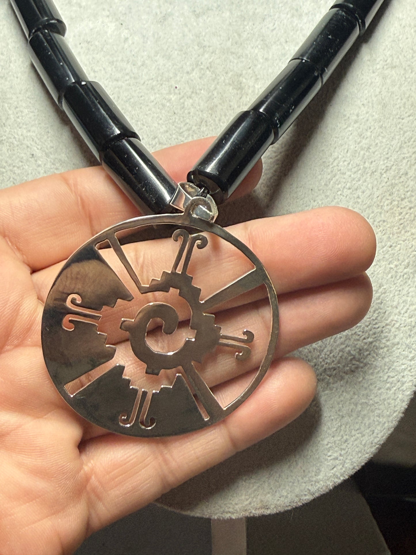 Ometeotl Hunab Ku, Sterling Silver Pendant, One God, Mayan, Maya, Mexican, Obsidian, 925, Duality (H)