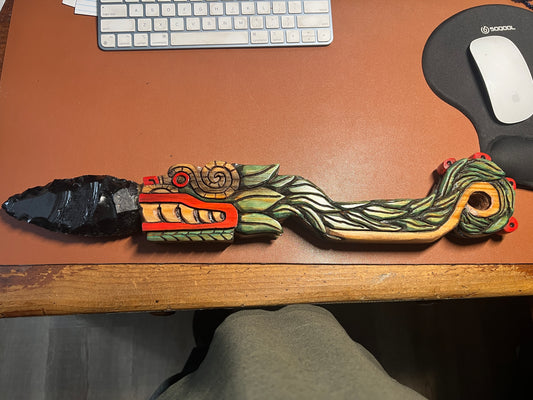 Quetzalcoatl Kukulkan Dagger, Deep Wood Carved, Painted, Azteca Obsidian Knife, Mexica Sacrificial Knives, Mayan Replica Artifacts, 21" long